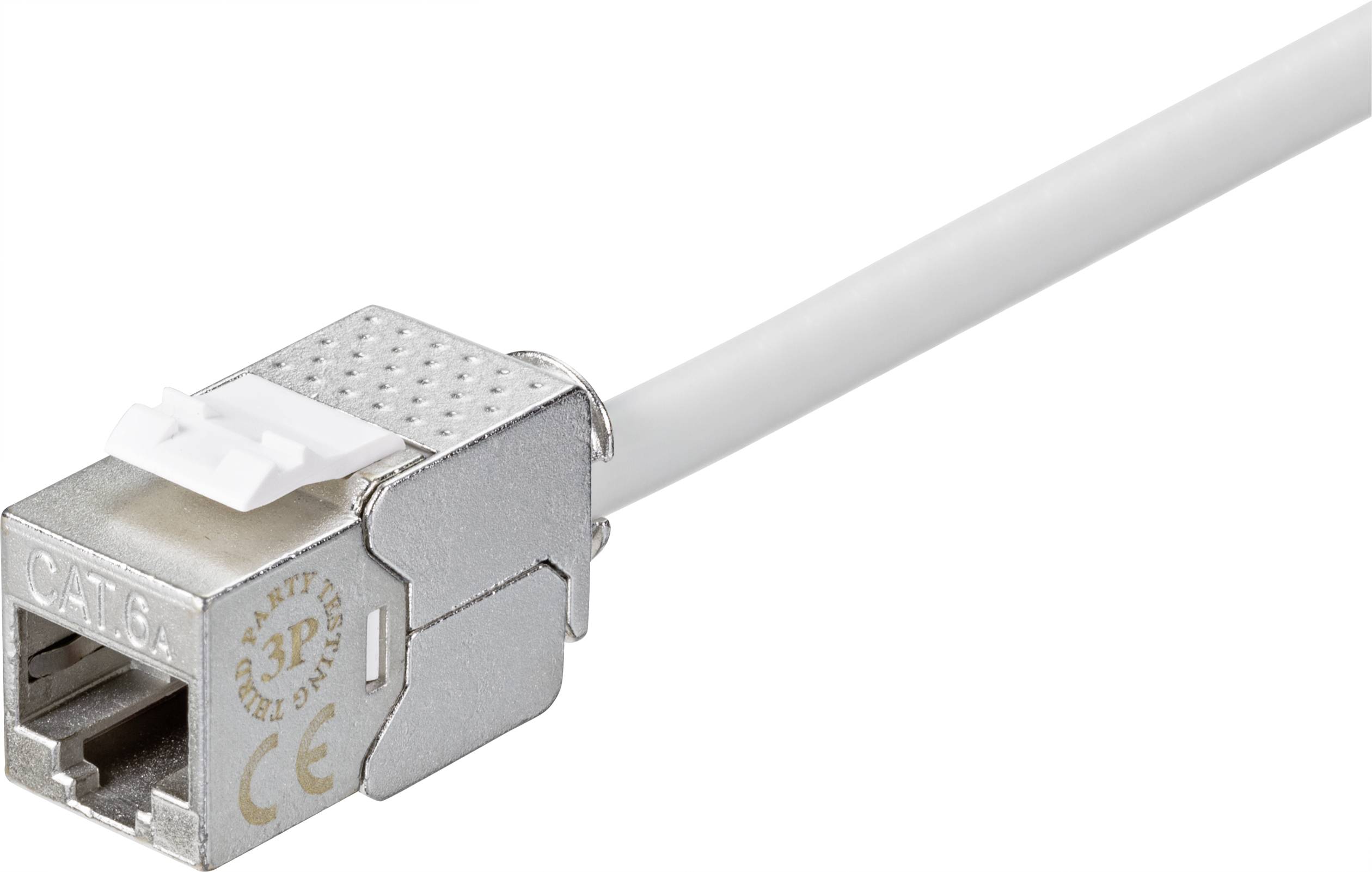 En silverfärgad CAT 6A RJ45 nätverkskontakt med vitt kabel, lämplig för Ethernet-anslutningar i datornätverk.
