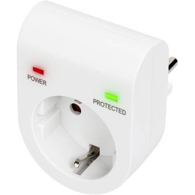 En vit stickkontaktsadapter med två lampor: en röd LED märkt 'Power' och en grön LED märkt 'Protected', som visar statusen.