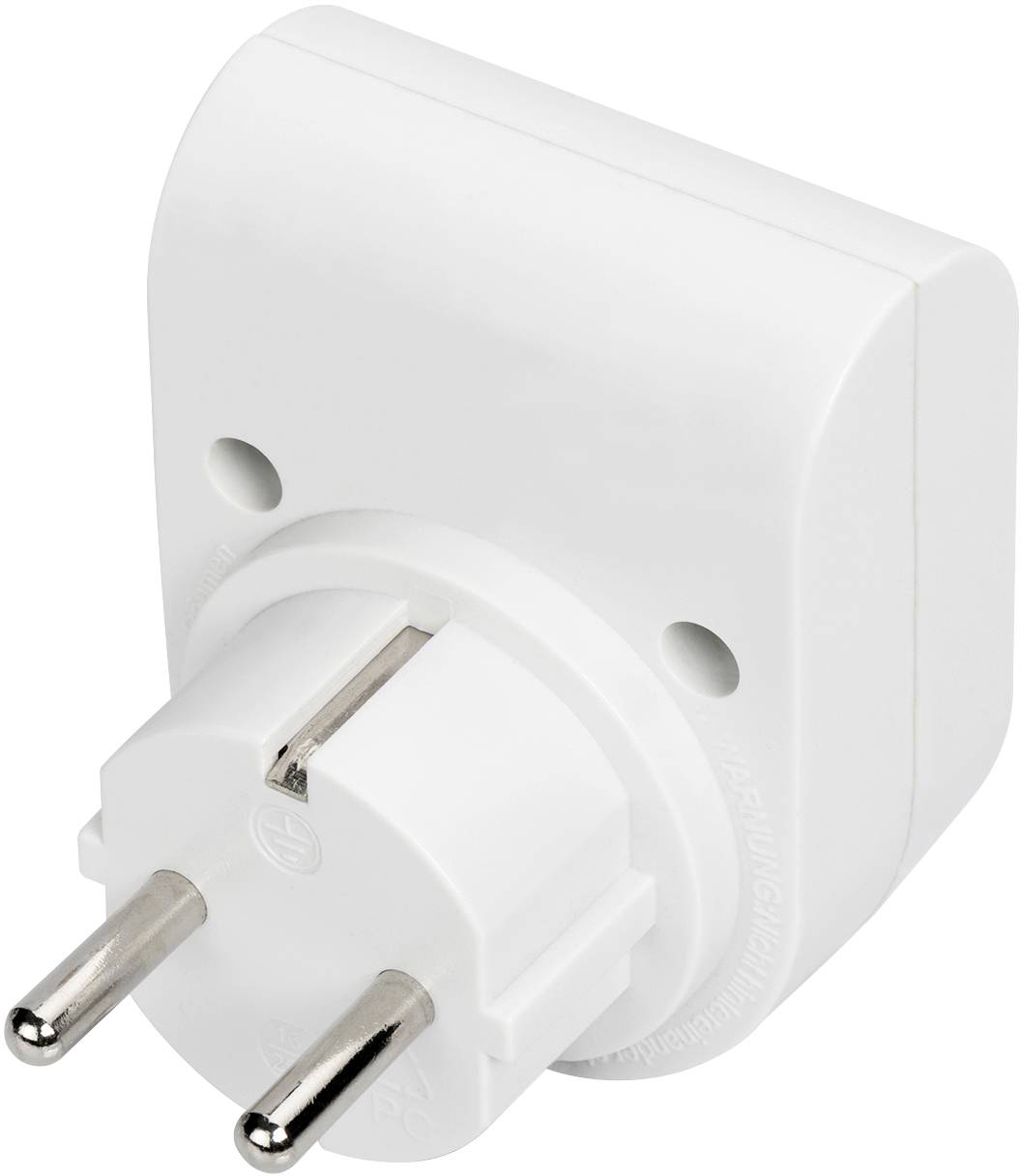 Vit Euro-adapter med två runda stift, lämplig för europeiska eluttag.