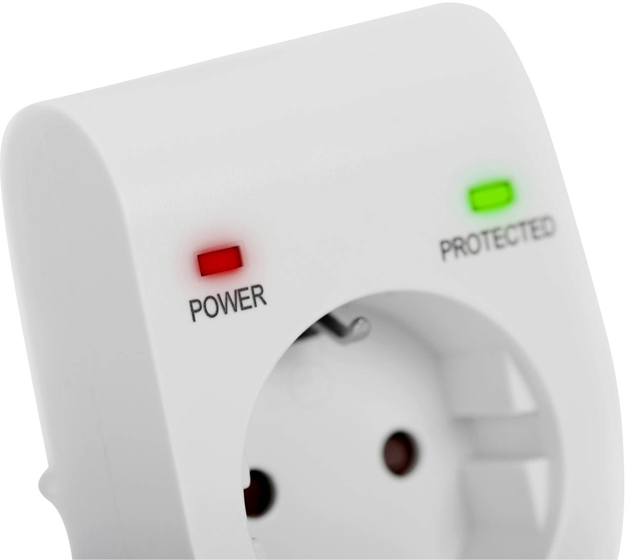 Vit vägguttag med rött 'Power'-ljus och grönt 'Protected'-ljus.