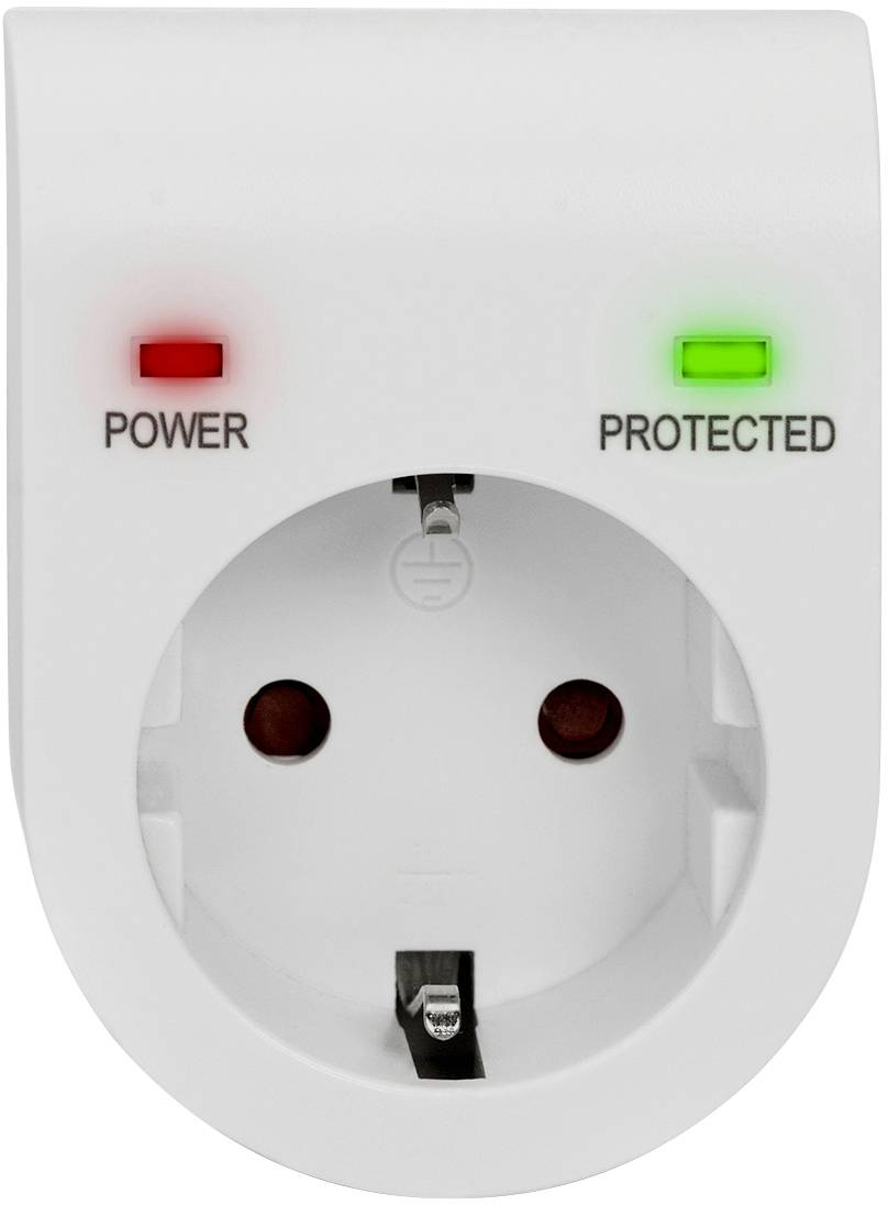 En vit vägguttag med två kontrollampor; den röda lyser över 'Power', den gröna över 'Protected'.