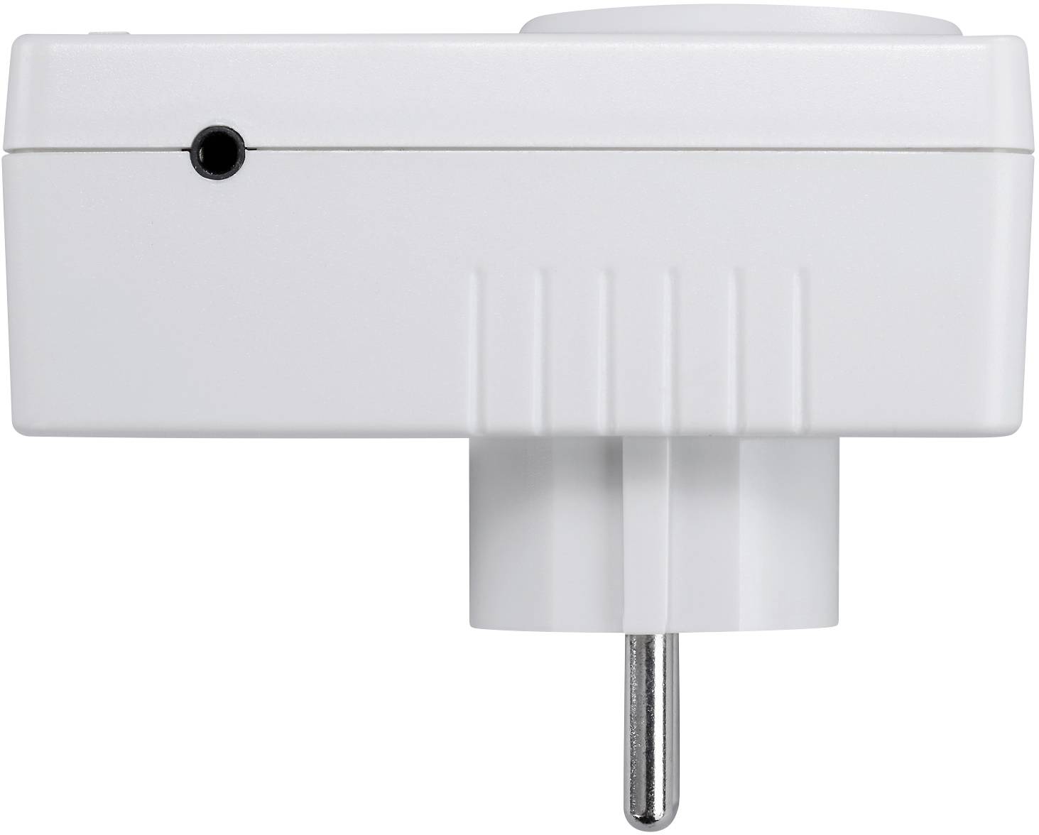 En vit elektrisk stickkontaktsadapter med sidovy, visar stickkontakten och en svart kontrollampa.