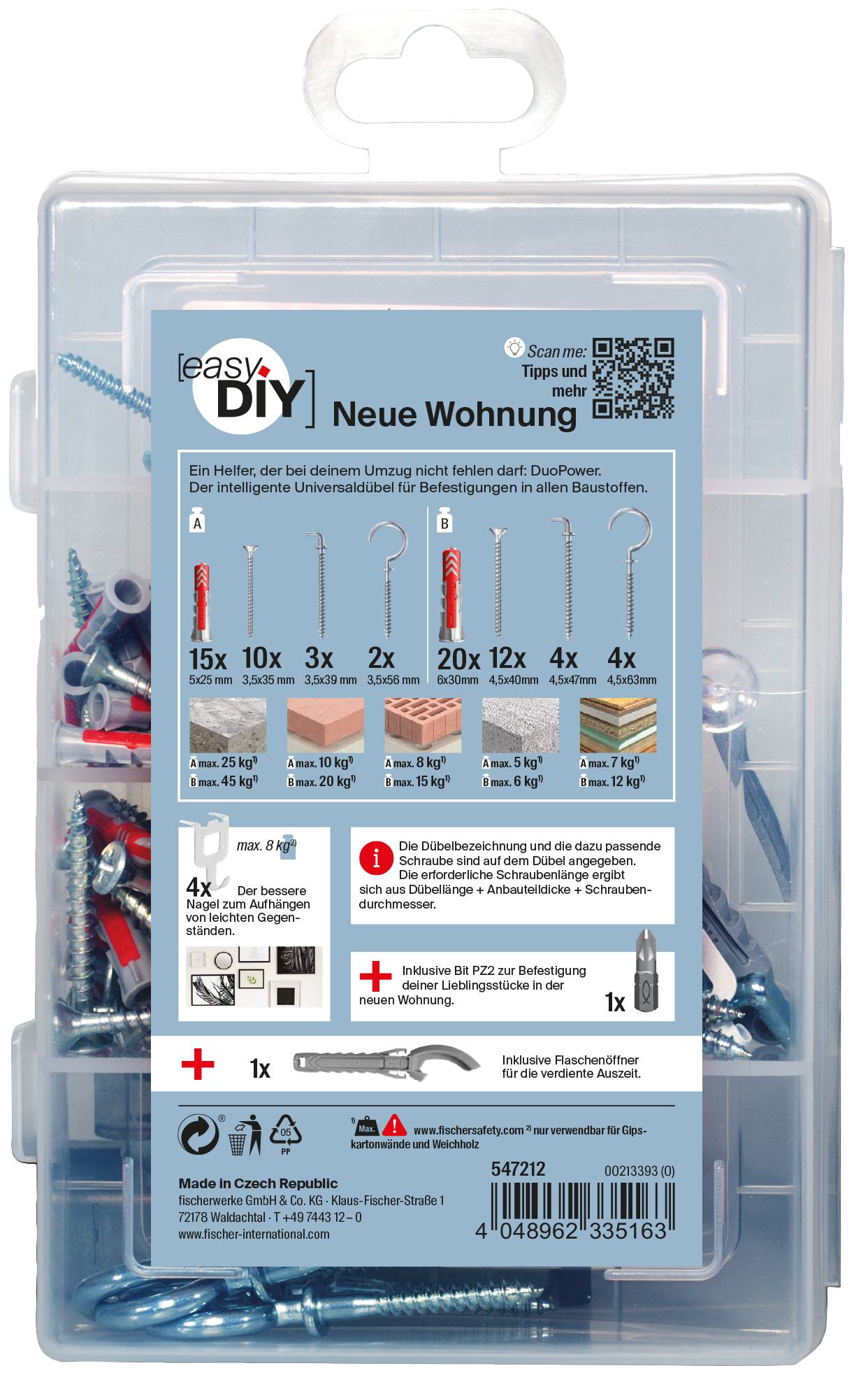 Sorterad easyDIY väggkontaktöversättningskit i ett klart plastfodral, märkt "Neue Wohnung", med skruvar, pluggar och en QR-kod.