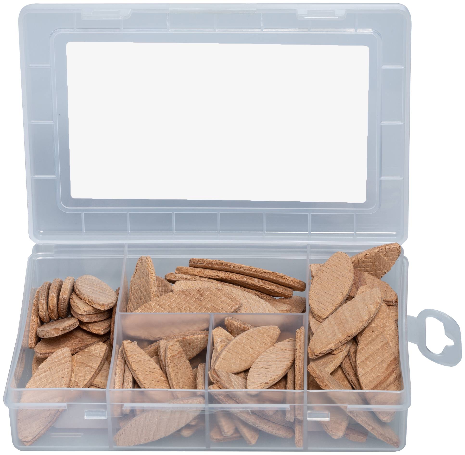 Genomskinlig plastlagringslåda med fack fylld med sorterade trävaggar, pluggar och leksakdelar.