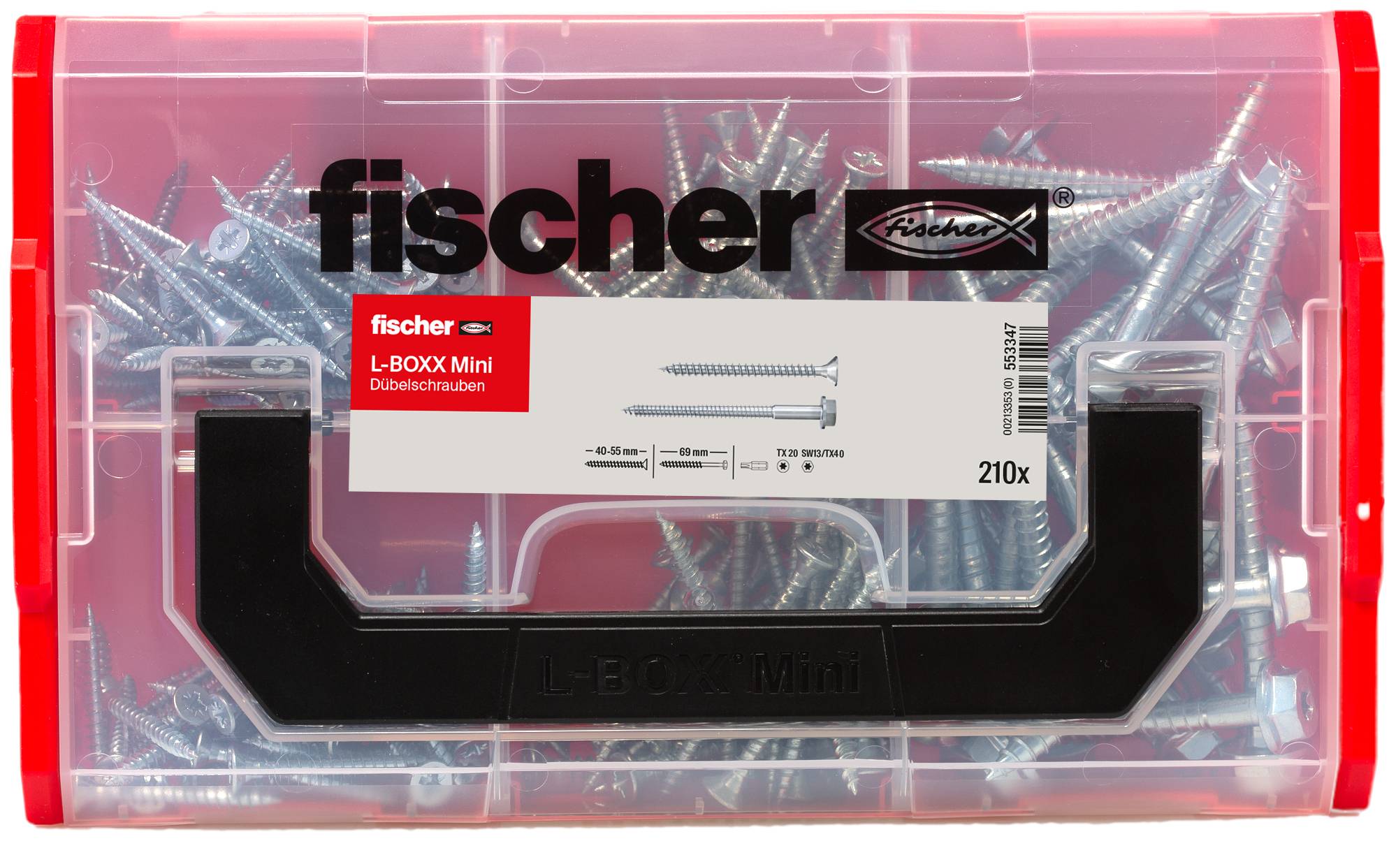 Klar plastlåda med Fischer L-BOXX Mini gipsplåtskruvar, märkt med "fischer" och "210x" med röda sidospännen.