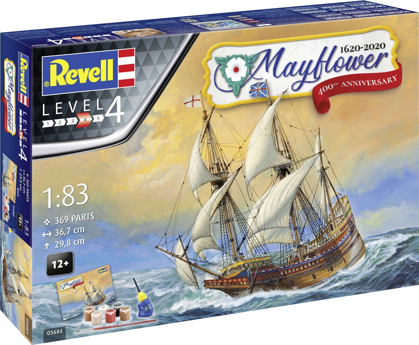 Byggsats av 'Mayflower' från Revell, skala 1:83, för barn från 12 år. Settet innehåller 369 delar, modellen är 36,7 cm lång.