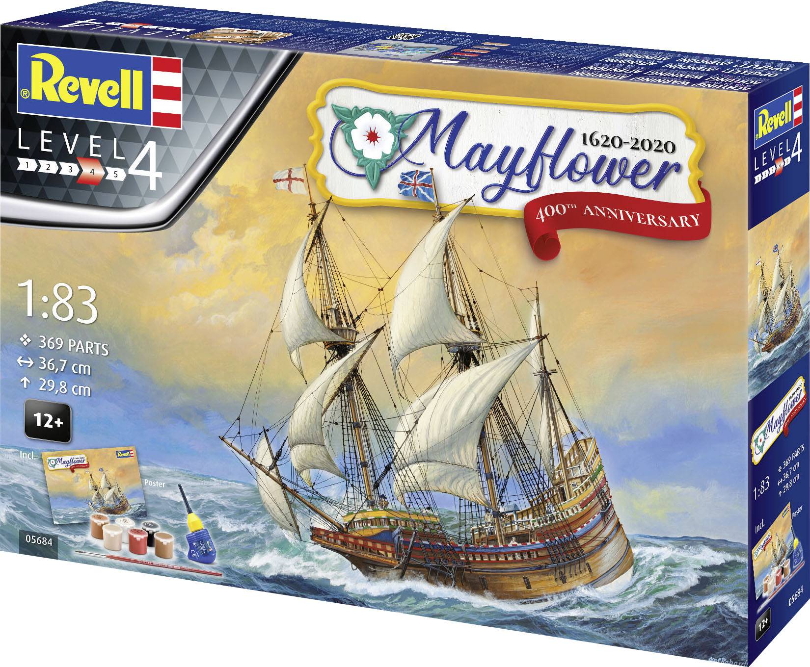 Modellbyggsats av 'Mayflower' från Revell, skala 1:83, nivå 4, från 12 år. Innehåller 369 delar, färger och penslar.