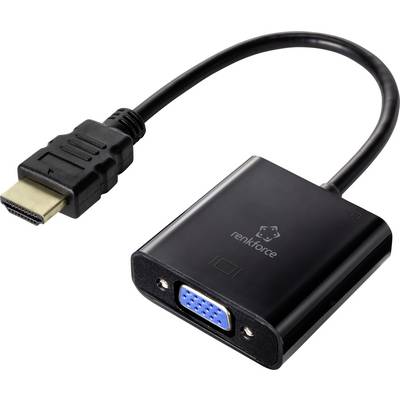 En HDMI-till-VGA-adapterkabel från Renkforce, svart, med HDMI-kontakt och VGA-uttag, för anslutning av HDMI-enheter till VGA-skärmar.