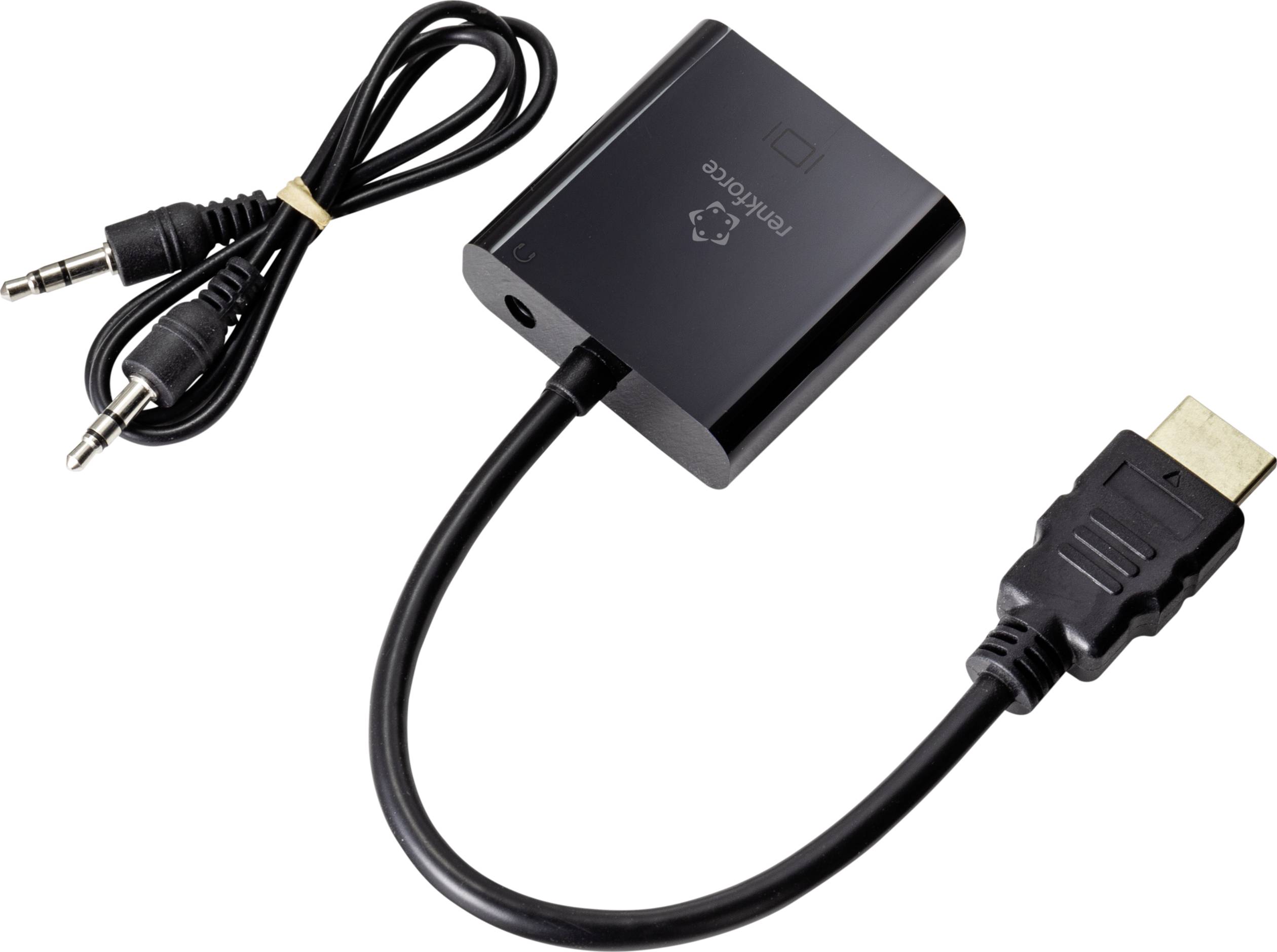 HDMI till VGA-adapter med audiokabel; möjliggör anslutning av en HDMI-enhet till en VGA-skärm eller projektor, inklusive ljudöverföring.