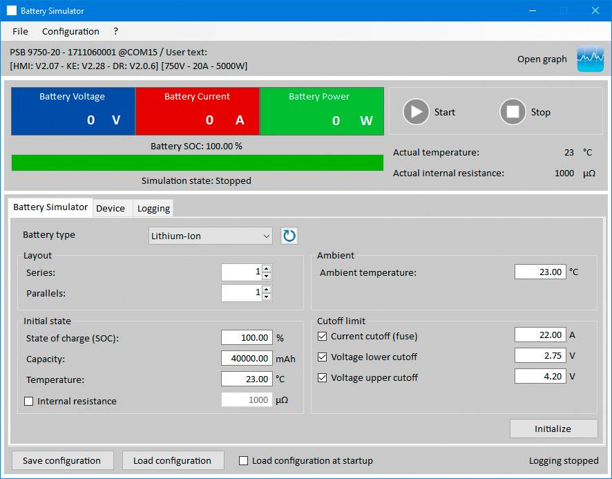 'Battery Simulator' visar spänning, ström, effekt vid 0-värden. SOC: 100%. Typ: Litium-jon. Temperatur: 23°C. Gränsvärden: Ström 15 A, temperatur 60°C.