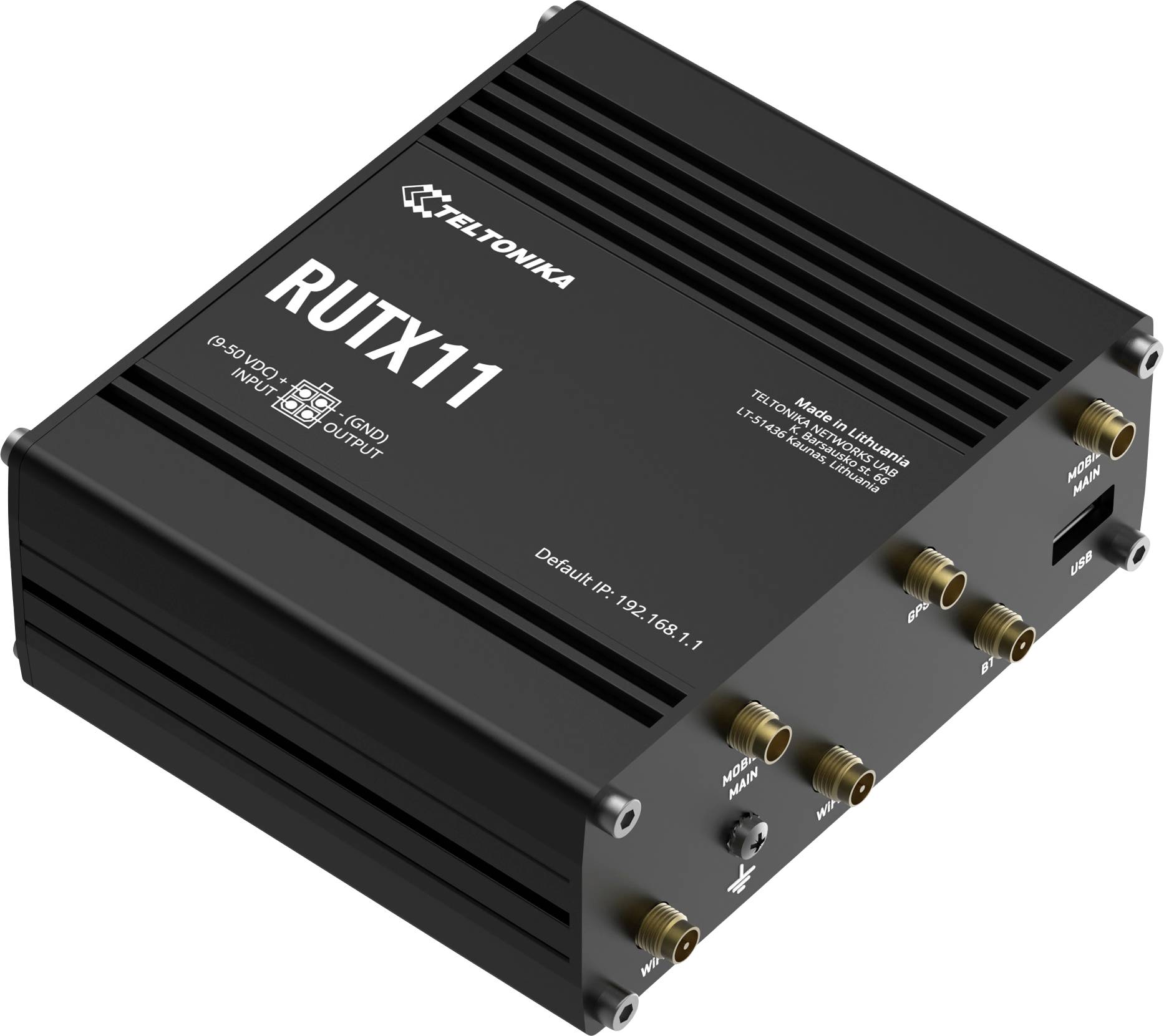 Svart Teltonika RUTX11 industriell router med flera antennkontakter och Ethernet/USB-portar på vit bakgrund.