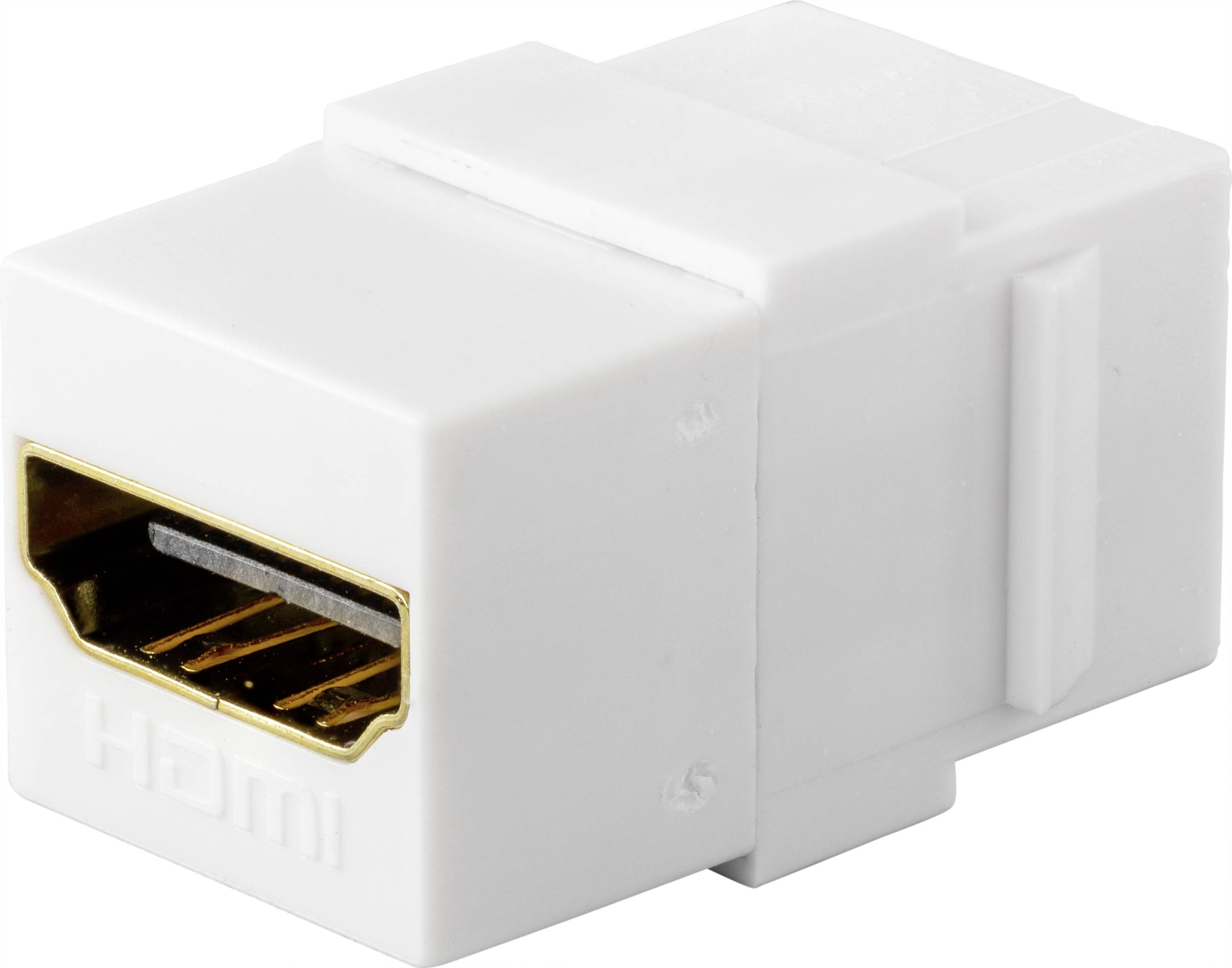 En vit HDMI-adapter med en HDMI-port på ena sidan. Därmed kan HDMI-kablar förlängas genom anslutning till adaptern.