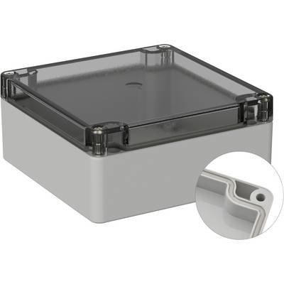 En grå plastlåda med transparent lock, fäst med skruvar. En förstorad insats visar hörnsäkringen.