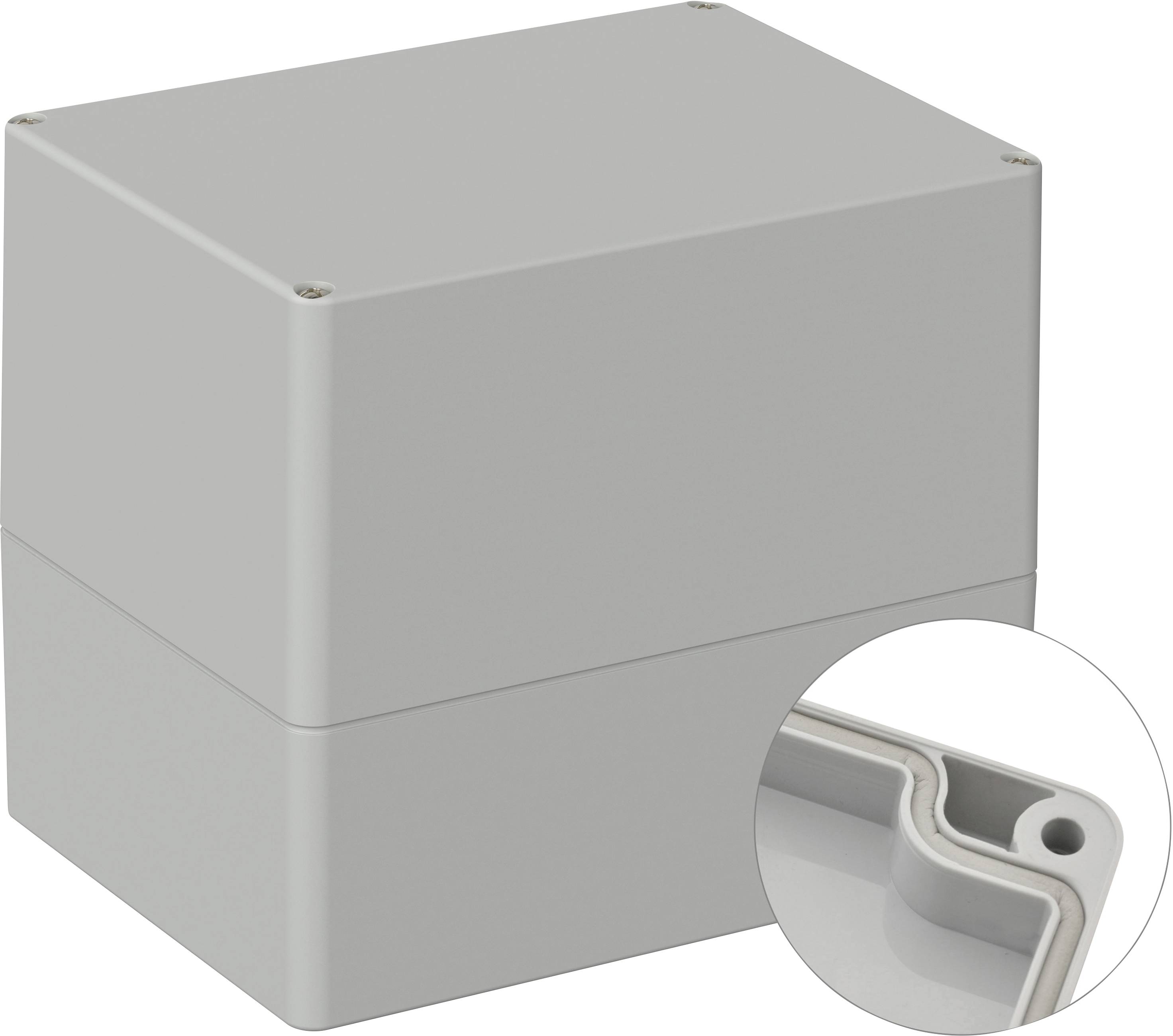 Grått, rektangulärt plastfodral med avtagbar lock, förtydligat genom förstorad detaljvy av innerkanten.
