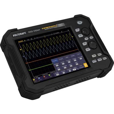 Oscilloskop Voltcraft DSO-5104H med ett visat vågmönster och mätvärden på en färgdisplay, använt för dataanalys.