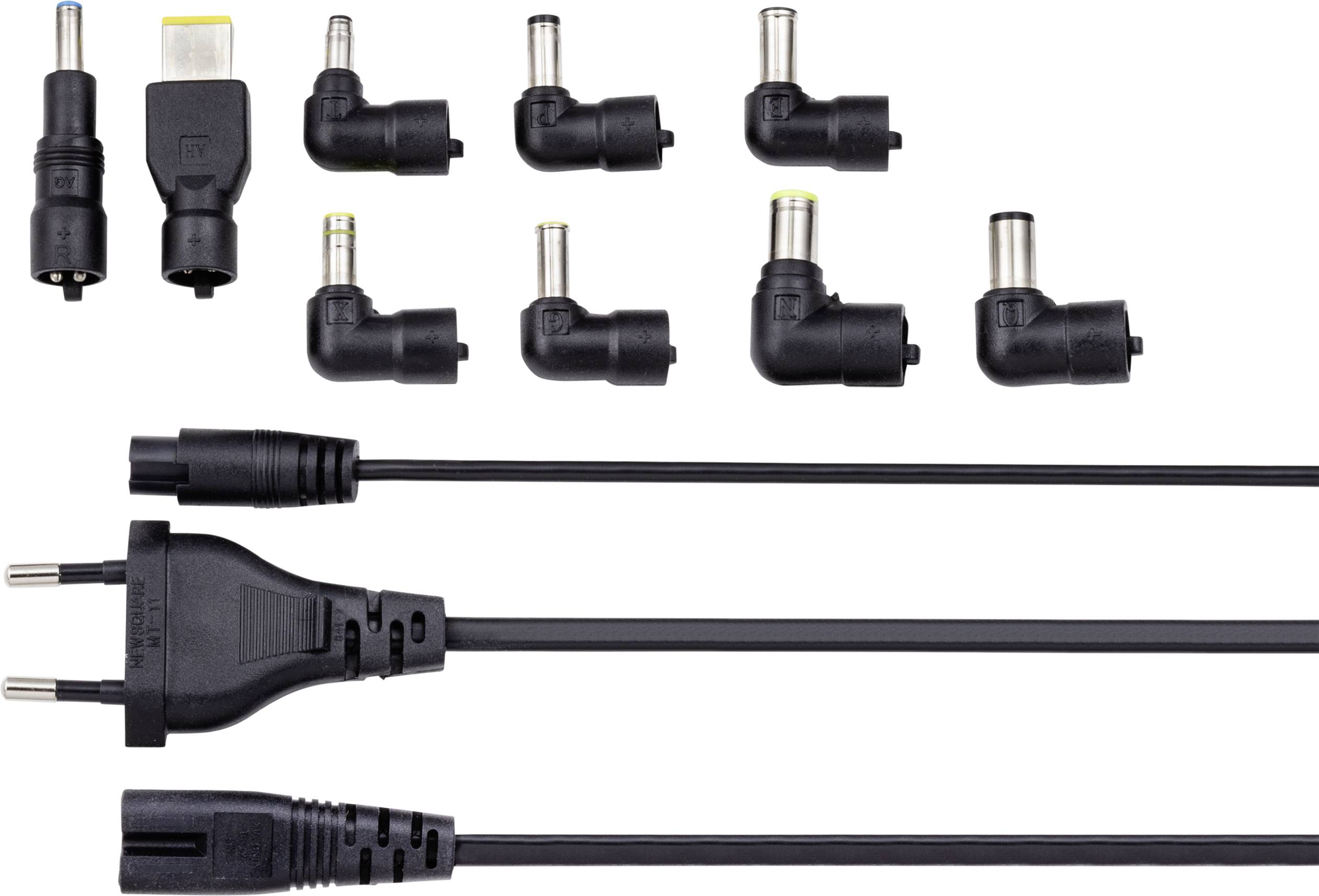 Olika svarta adaptrar och kontakter för laddare arrangerade på vit bakgrund. Innehåller europeiska kontakter och olika adapterstorlekar.