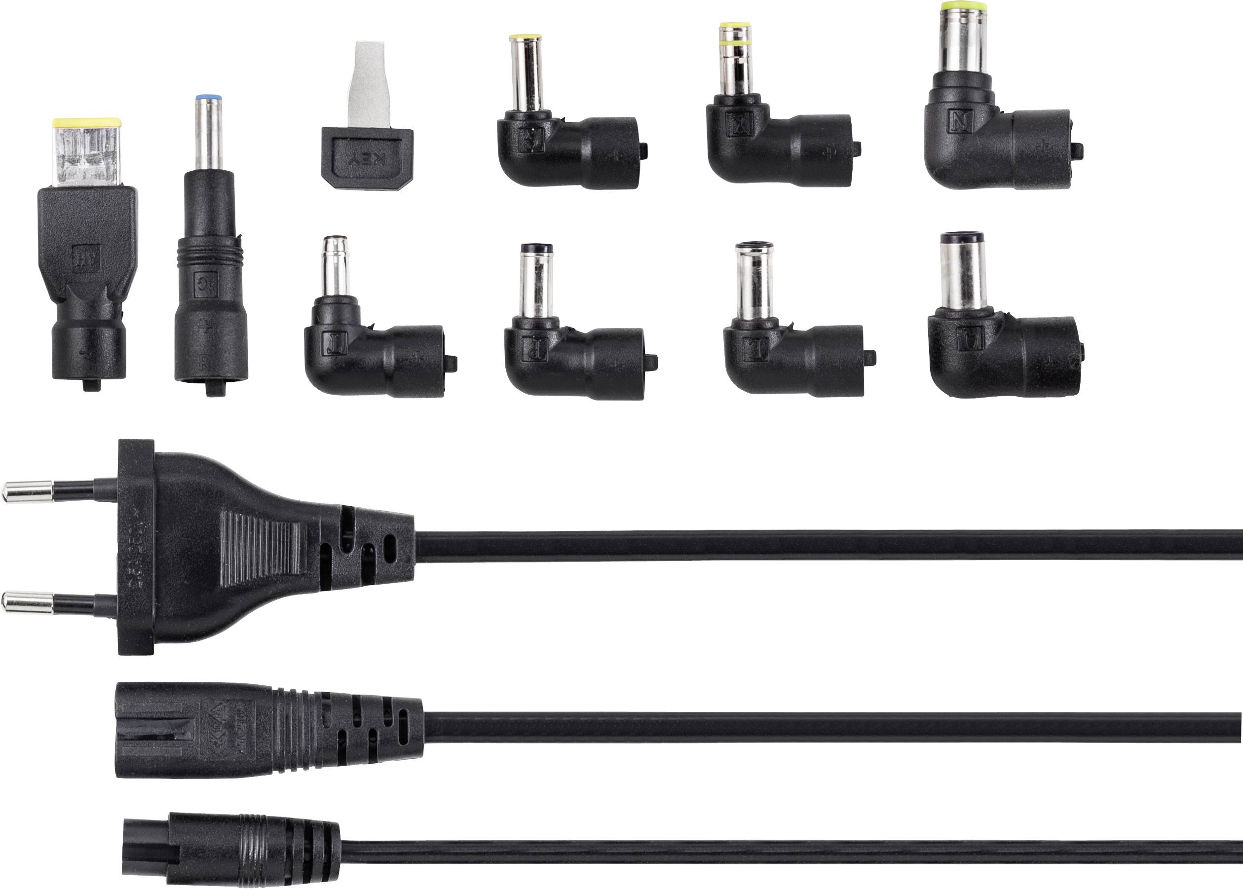 En uppsättning olika adapterplugs och strömsladdar. Ovanpå syns flera adapterspetsar, nedtill olika kabelkontakter.