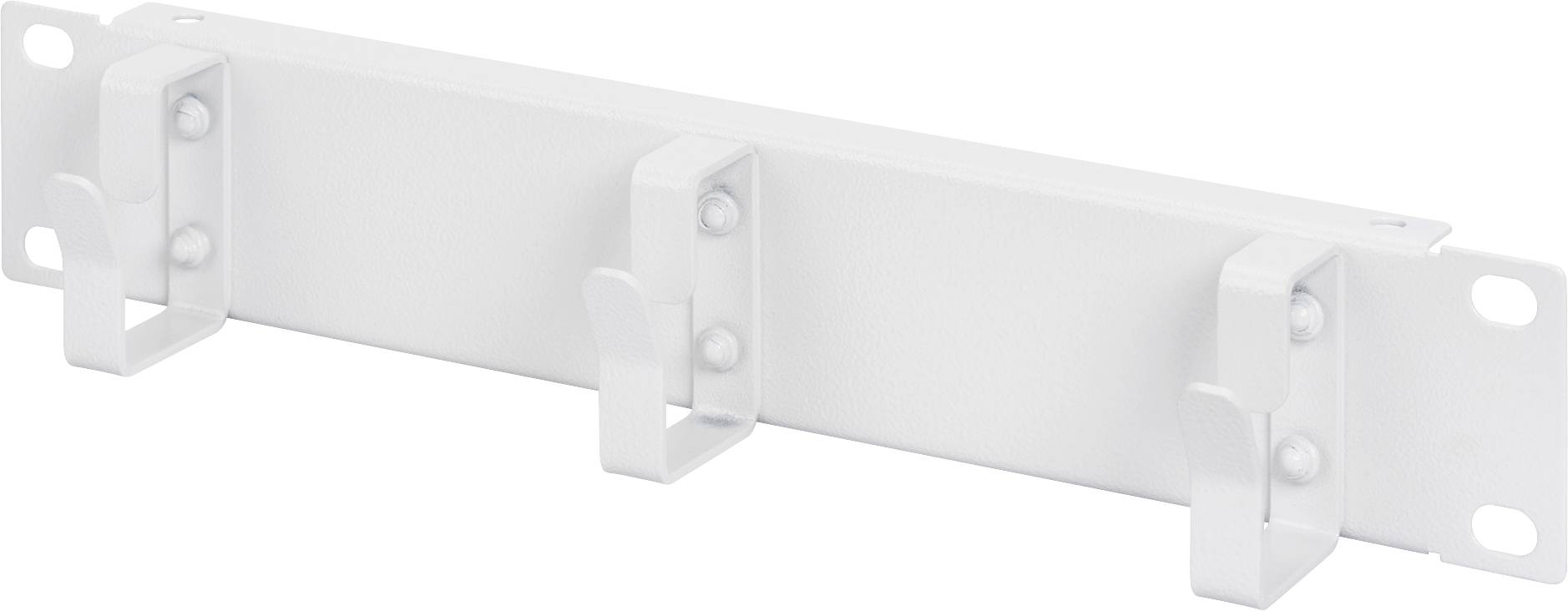 En vit kabelhanterare med flera krokar för ordentlig kabelorganisation i ett 19-tums rack.