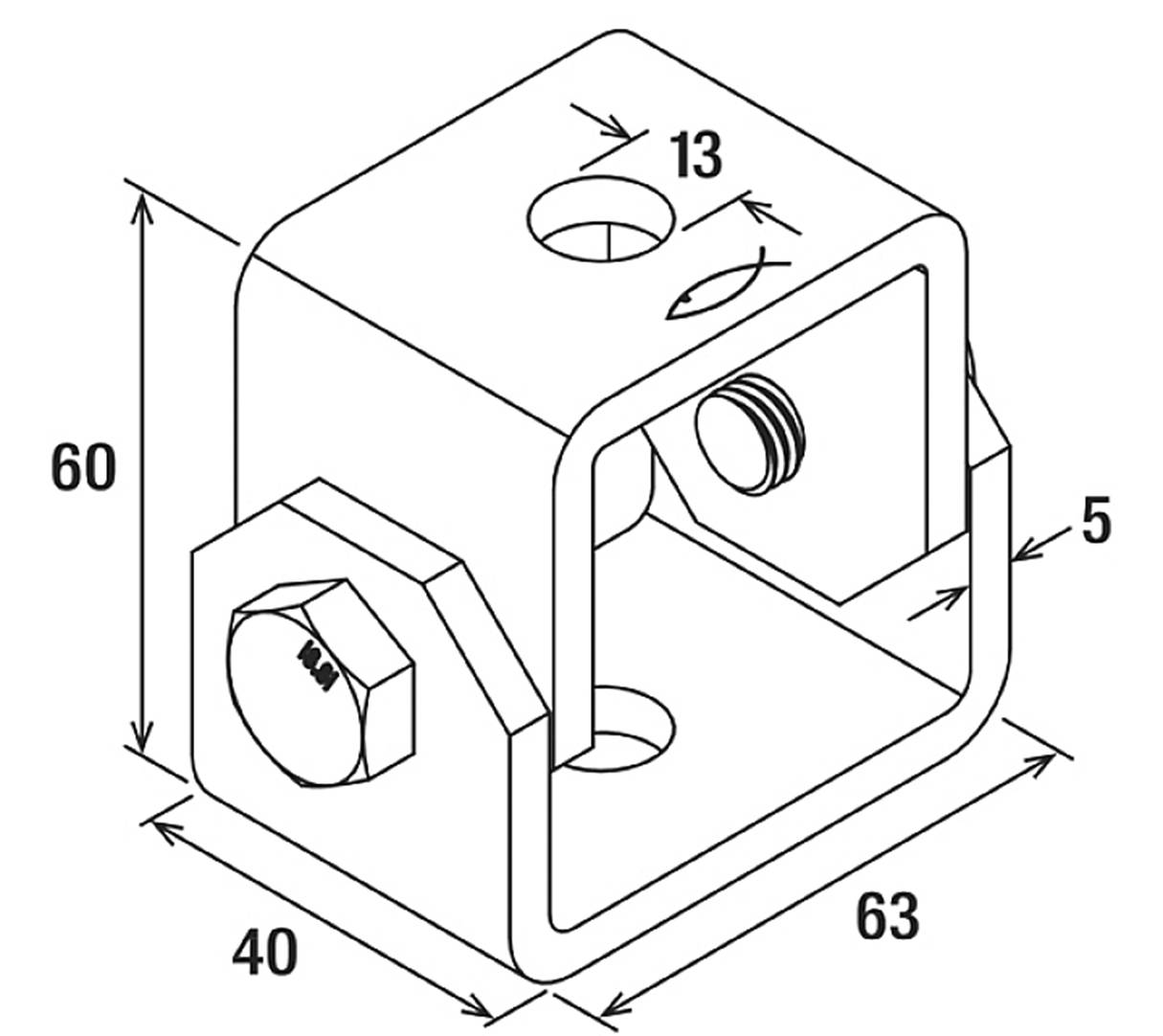 Teknisk ritning av en metallvinkel med mått: Höjd 60 mm, bredd 40 mm, djup 63 mm. Hål: 13 mm diameter.