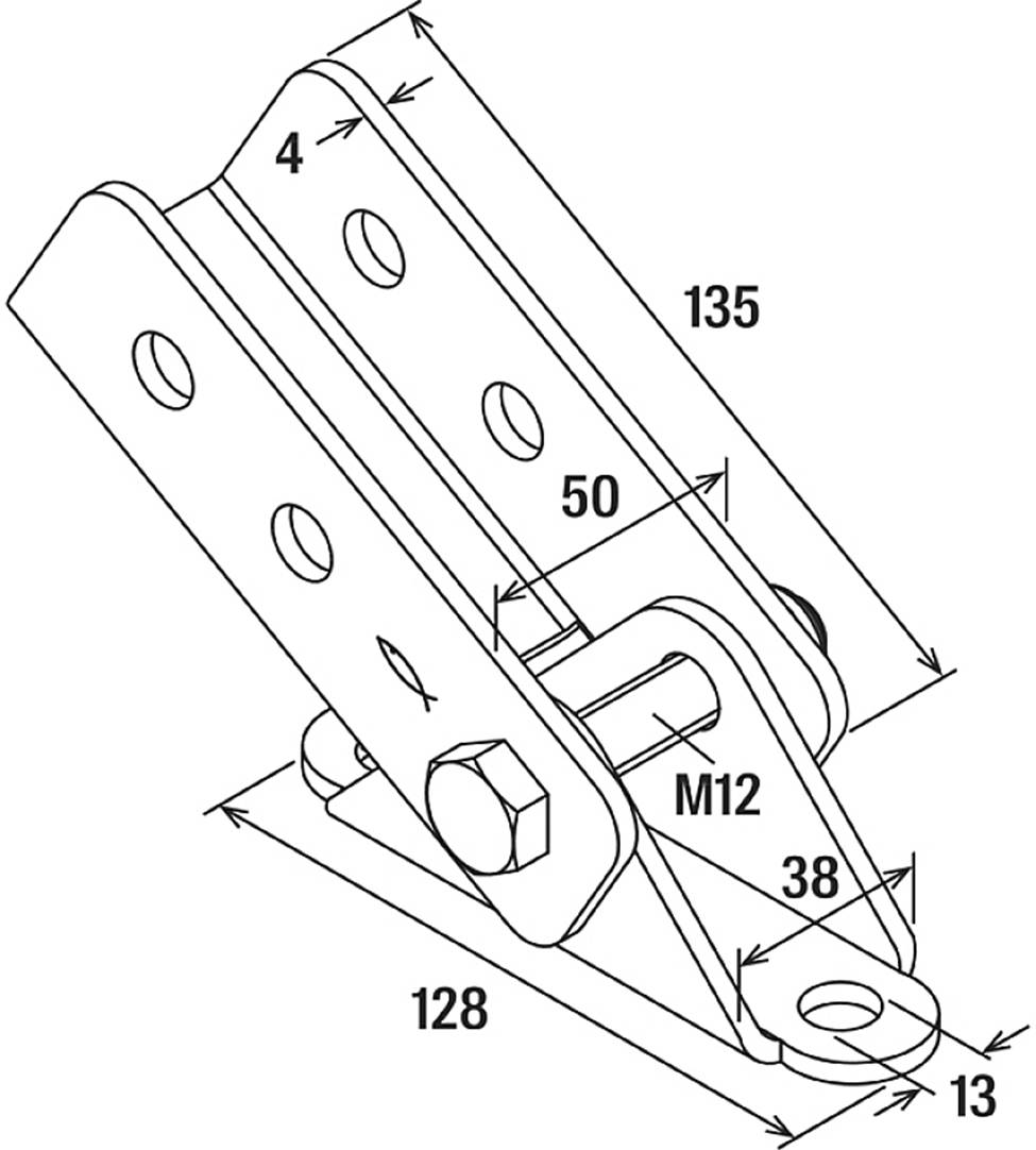 Teknisk ritning av ett gångjärn med mått: Längd 135 mm, bredd 128 mm, hålmått 50 mm, skruv M12, höjd 13 mm.
