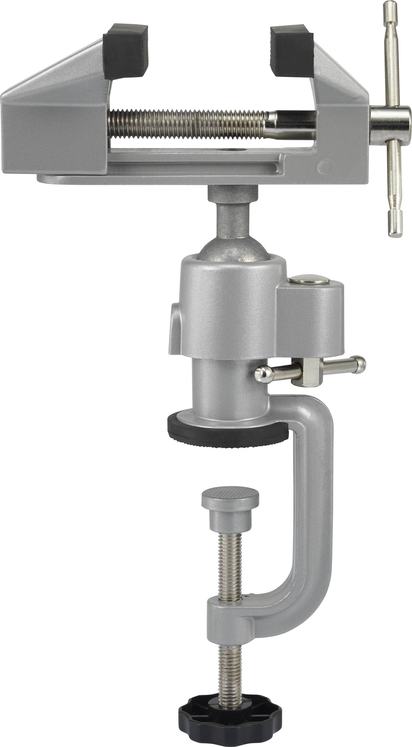 En silverfärgad skruvstäd med svart handtag, monterad på en roterande fäste. Fastsättning med skruvtving. Lämplig för arbetsbank.