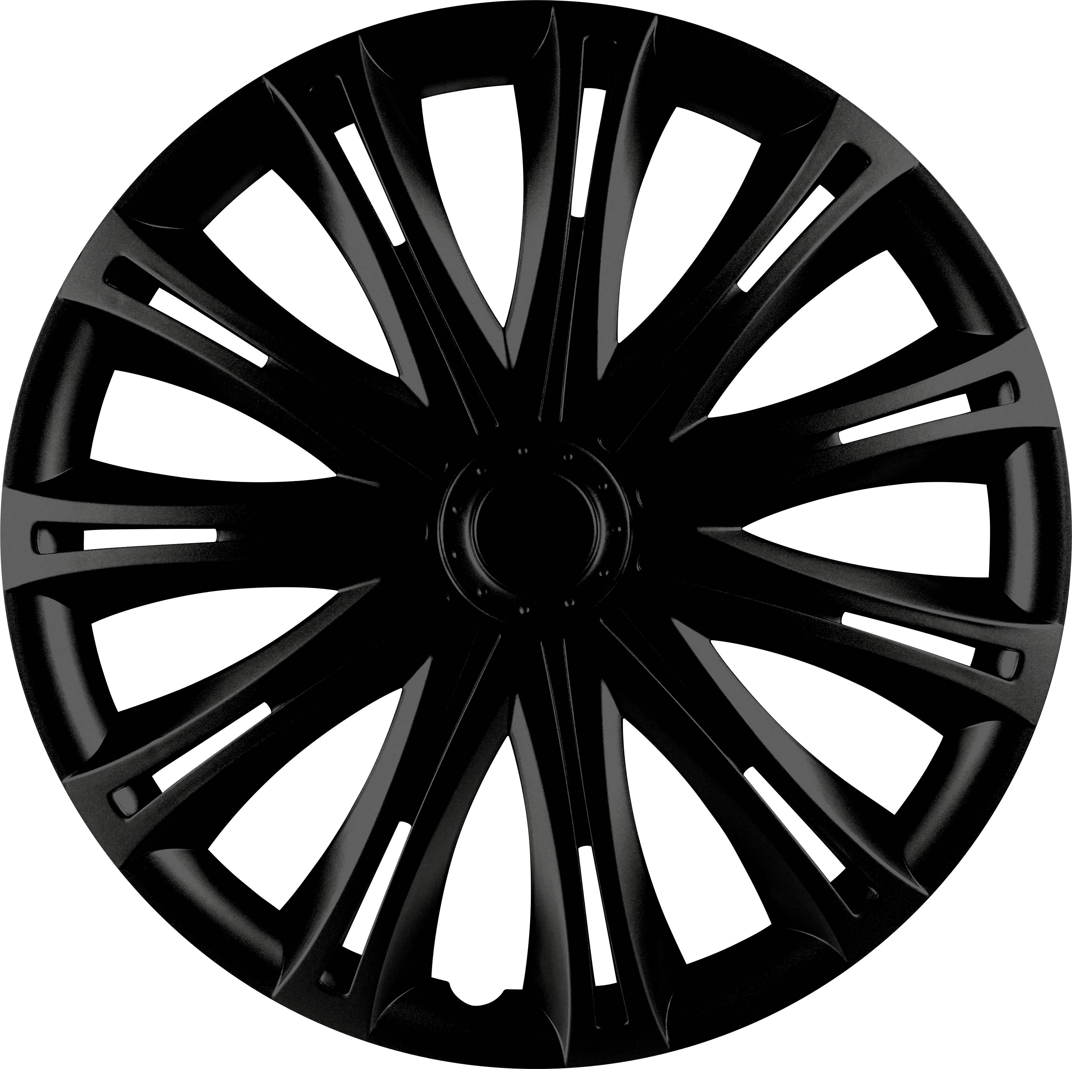 Svart, stiliserad fälg med 15 ekrar, symmetrisk, modern design.