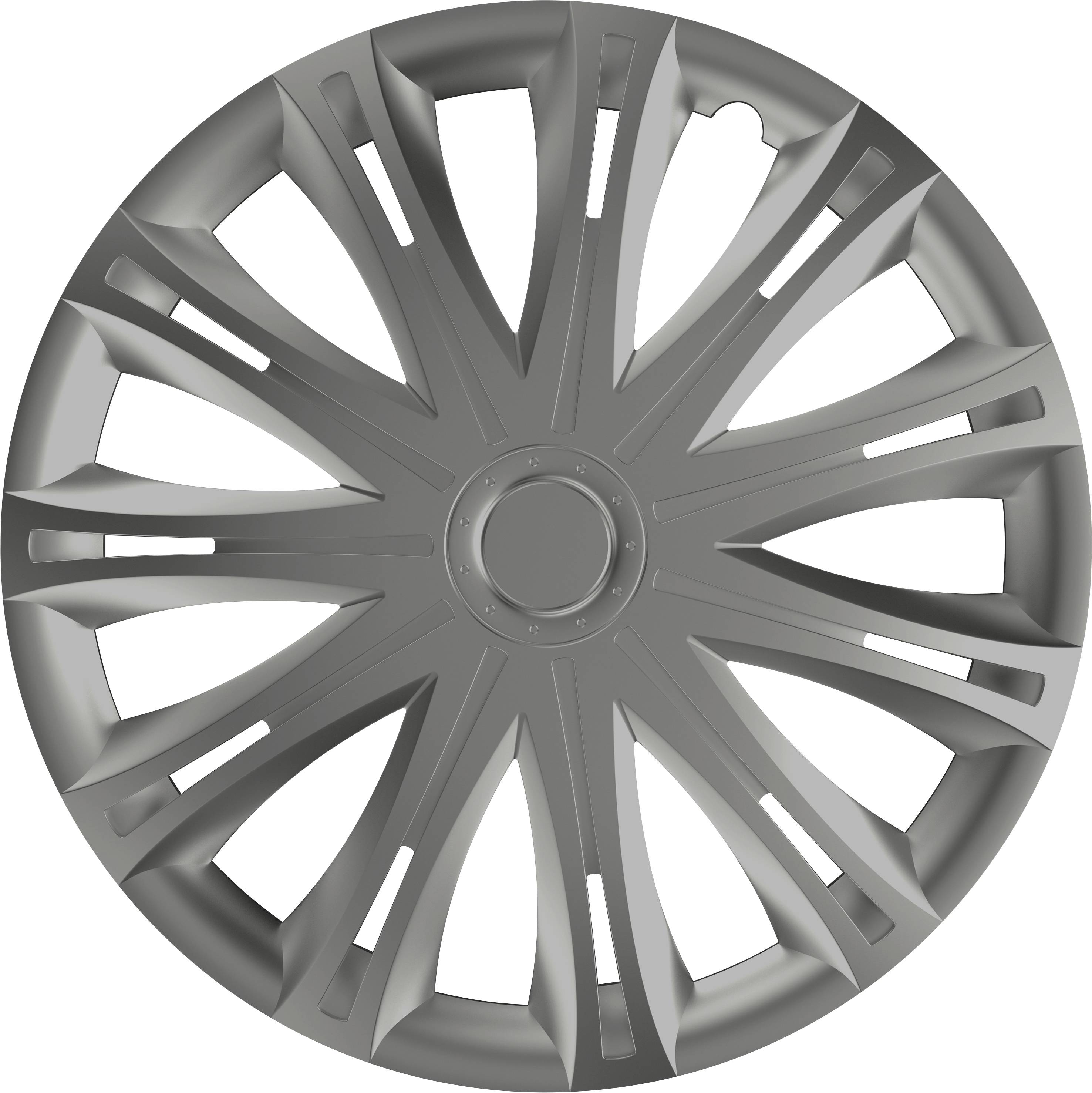 En enda silvergrå fälgkåpa med ekerlikt mönster i symmetrisk design.