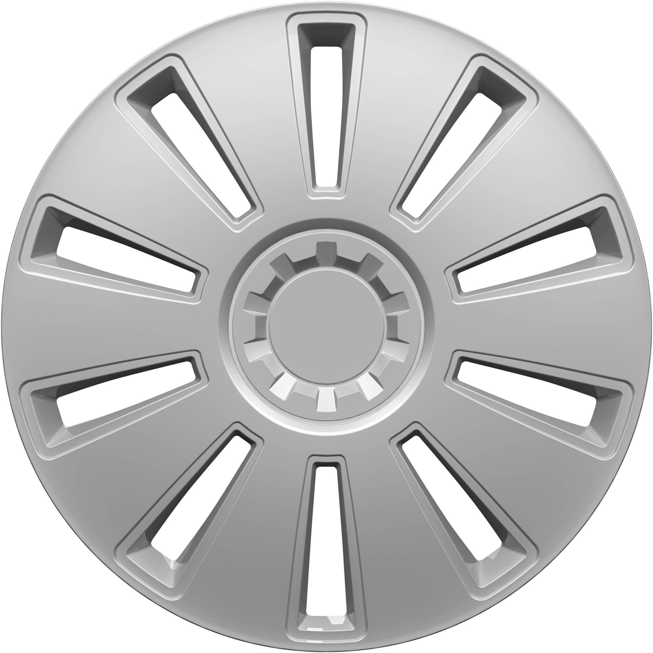 En silverpläterad fälgkapsel med ett symmetriskt design som uppvisar åtta långsmala öppningar och ett centralt navparti.