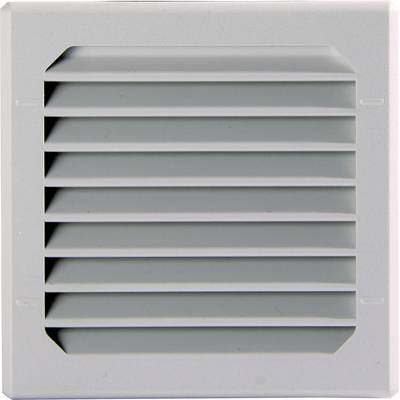 Vit ventilationskåpa med horisontella lameller, lämplig för vägg- eller takmontering.