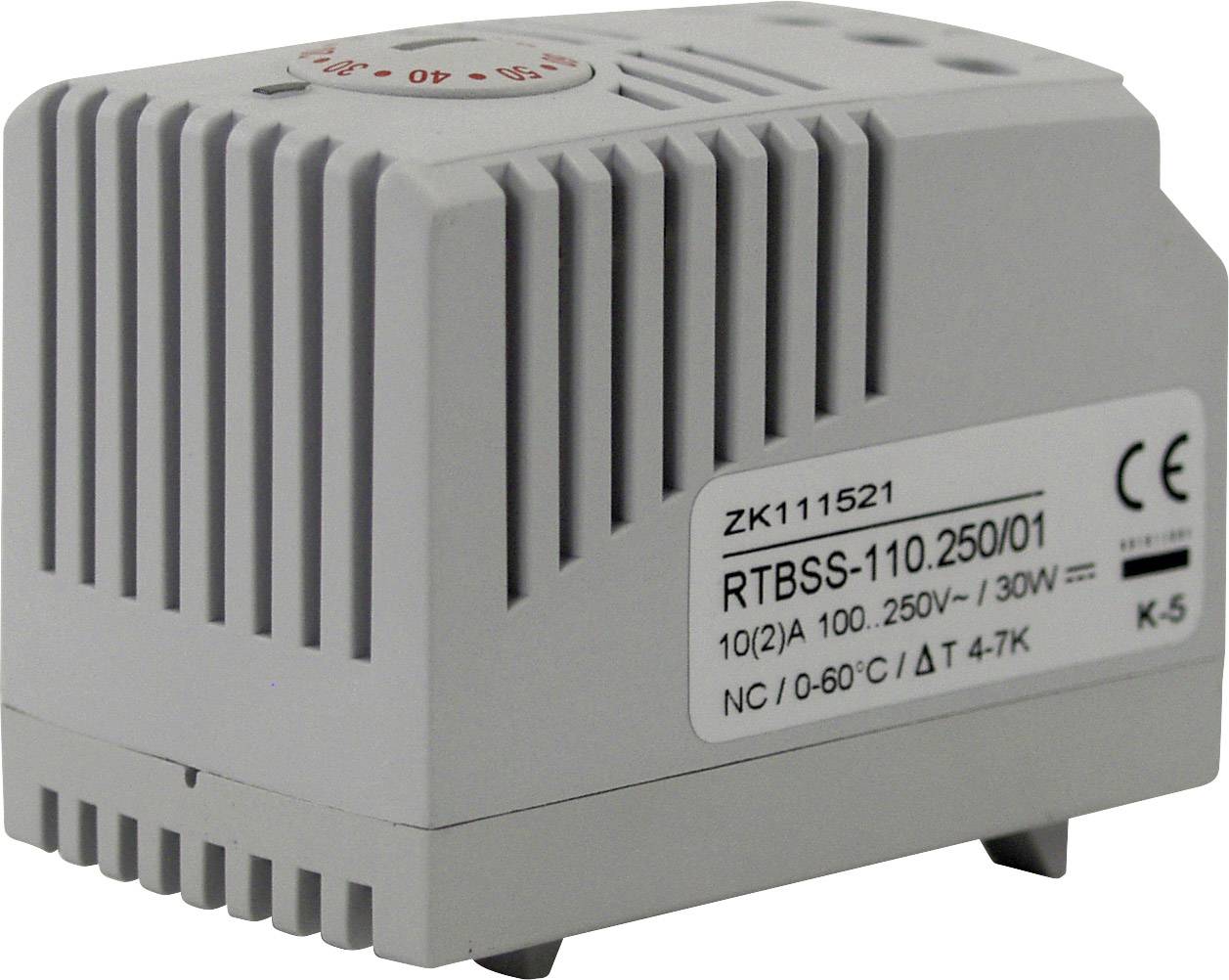 En grå termostat med ventilationsöppningar och CE-märkning. Märkt med 'RTBSS-110.250/01' och tekniska detaljer.