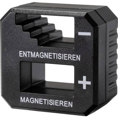 Svart rektangulärt verktyg med två öppningar. Överst 'AVMAGNETISERA', undertill 'MAGNETISERA' i vitt. Vänster sida märkt med '+' och '-' symboler.