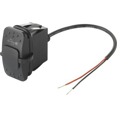 Svart USB-switch med kabel och öppet trådslut. Till vänster switchhöljet, till höger två trådanslutningar, röd och svart.