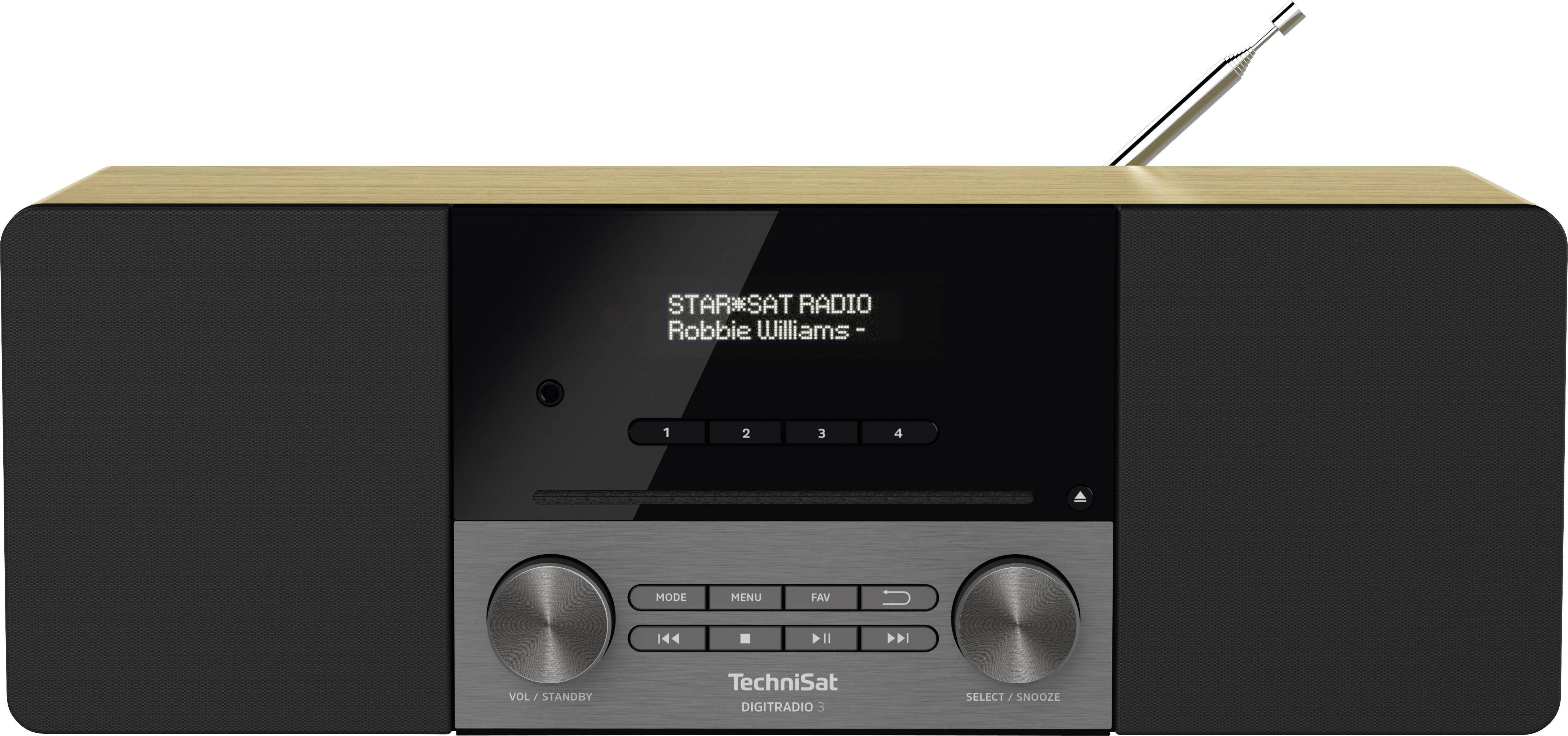 En svart och träfärgad digitalradio med högtalare. På displayen står det 'STARSAT RADIO Robbie Williams'. Den har knappar och ratt för reglage.