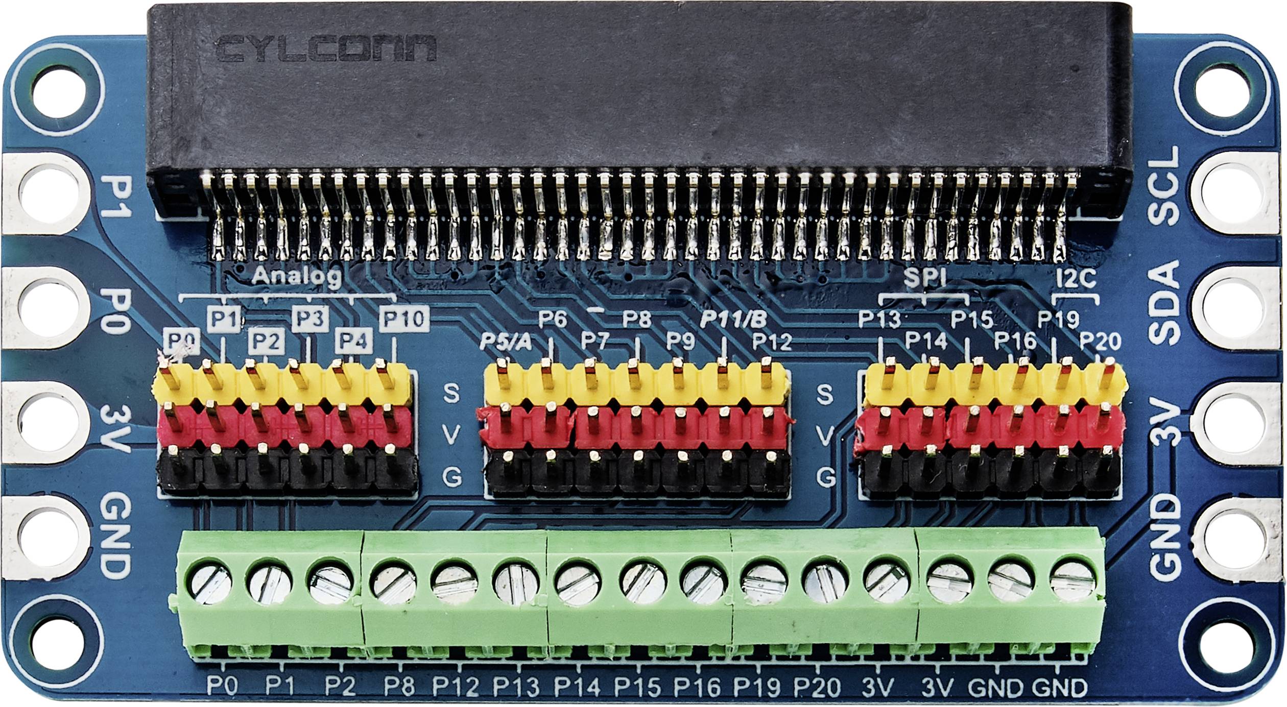 Raspberry Pi GPIO-expansionskort med numrering för pins, anslutningar för I2C, SPI och analoga signaler. Pins färgmärkta.