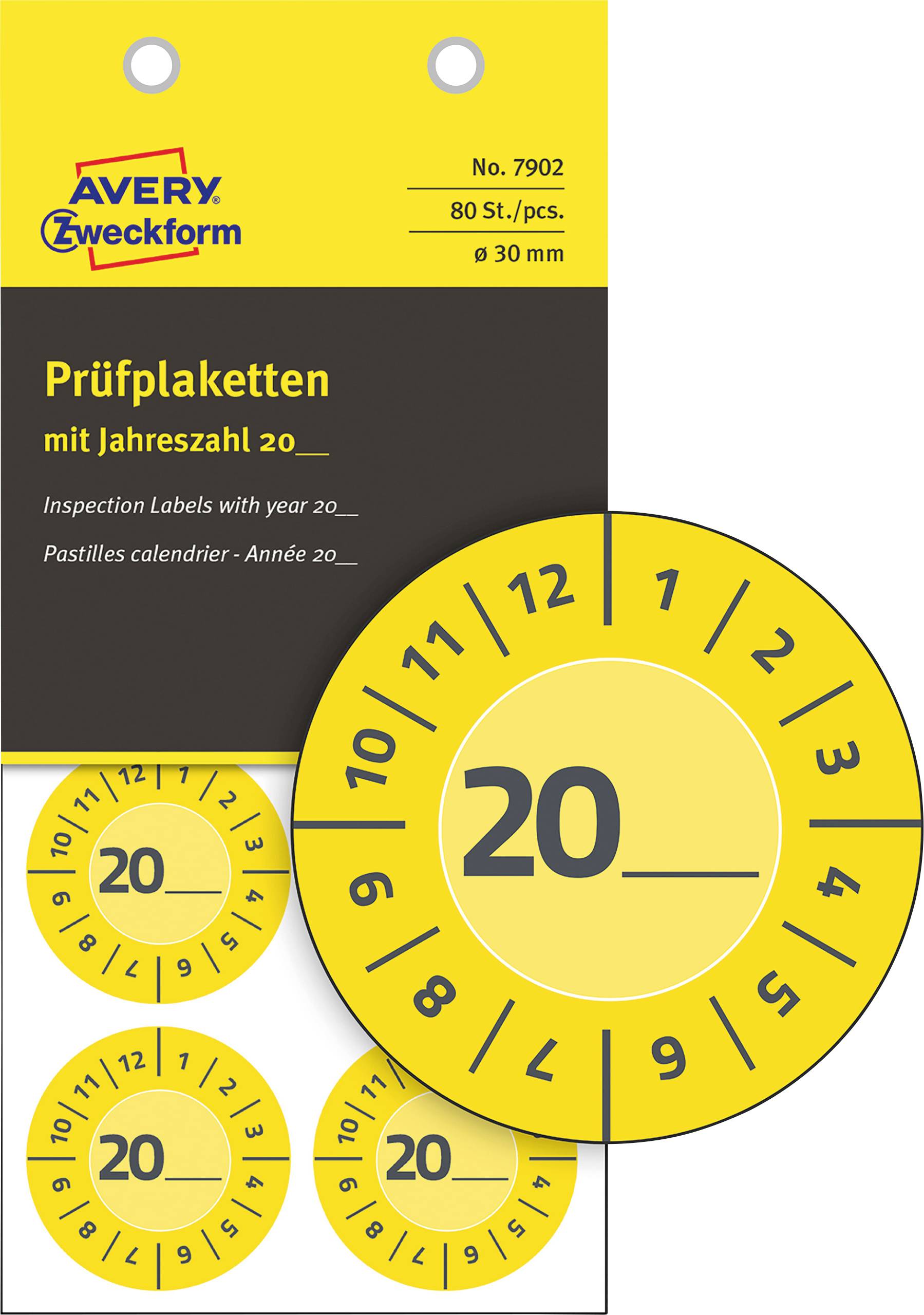 Förpackning av inspektionsetiketter från Avery Zweckform med året 20 och flera gula cirkulära årsetiketter numrerade 1 till 12 runt en central 20.