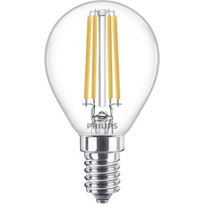 LED-glödlampa med filamentteknik, klar glaskolv och liten skruvfattning. Energibesparande och modern i designen.