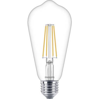 En klar glödlampa från Philips med synliga glödtrådar som visar en modern och energieffektiv design.