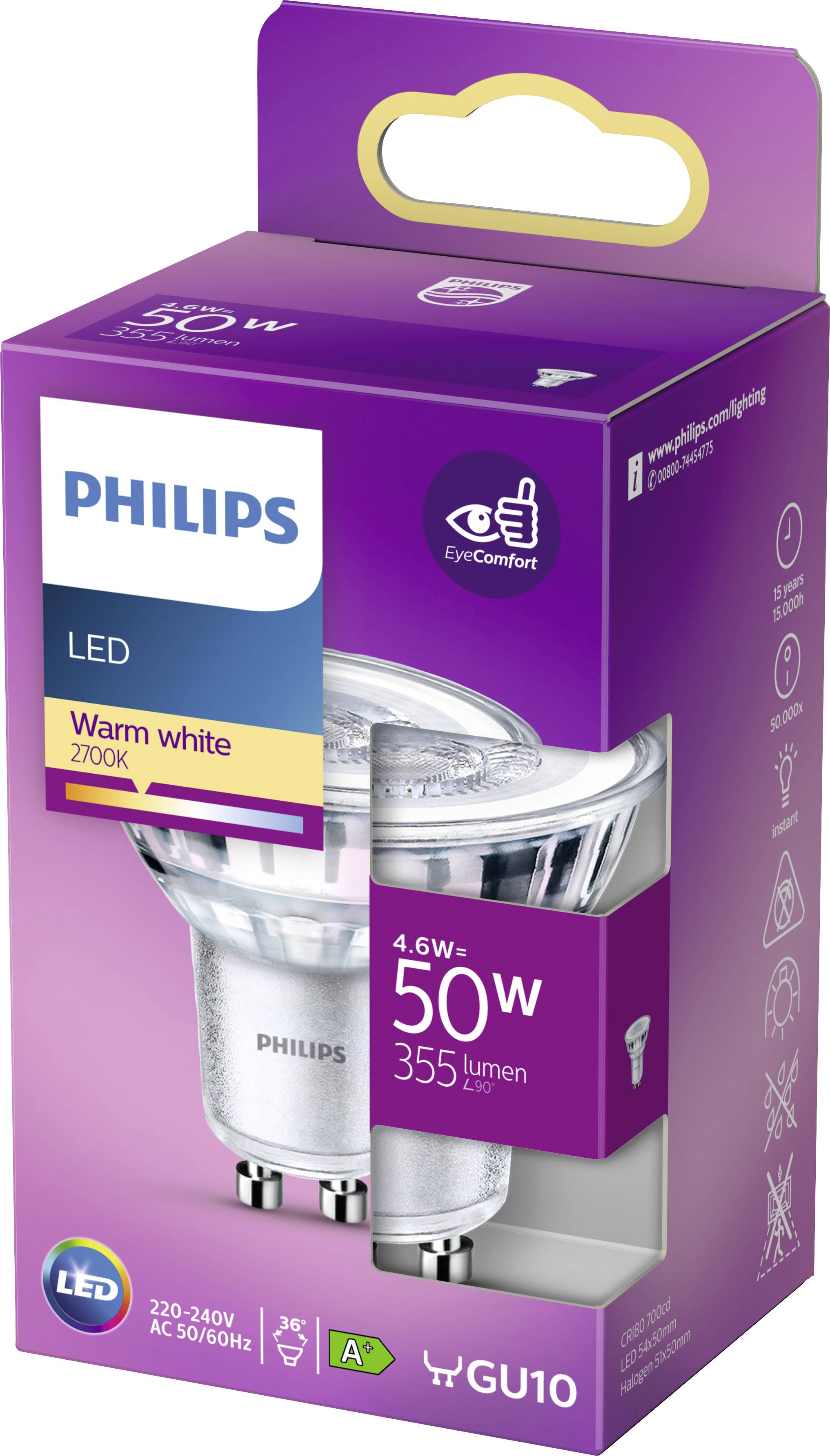 Förpackning för Philips LED-lampa, varmvit, 4,6W, motsvarar 50W, 355 lumen, GU10-sockel, energibesparande, lämplig för 220-240V.