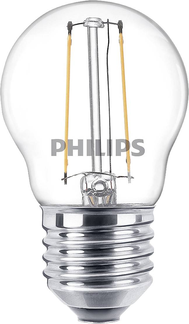 LED-glödlampa från Philips med synliga filament i genomskinlig glaskupa, E27-sockel. Energieffektiv och långlivad.