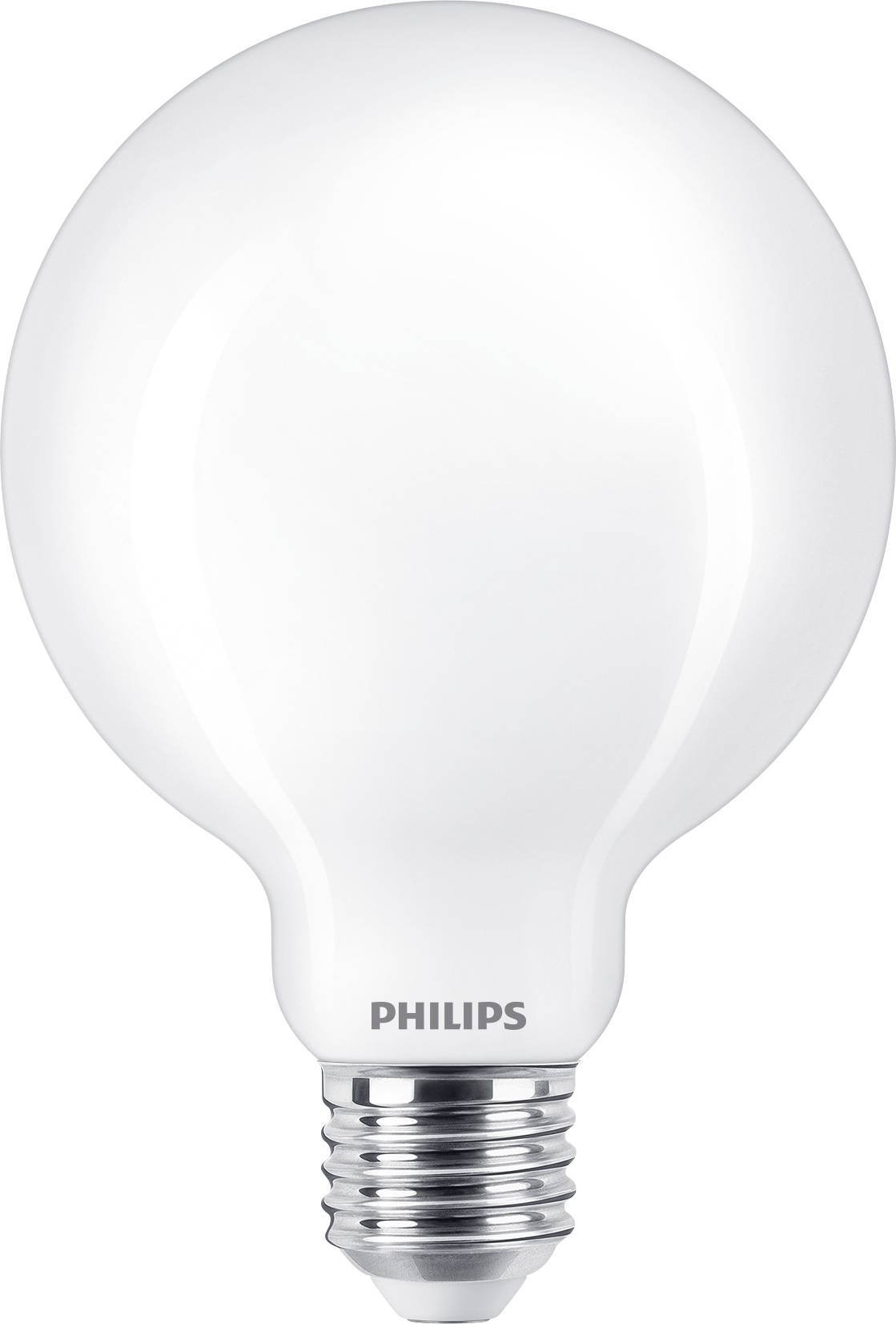 Glödlampa i klassisk form med silvermetallisk sockel, märket 'Philips' synligt.