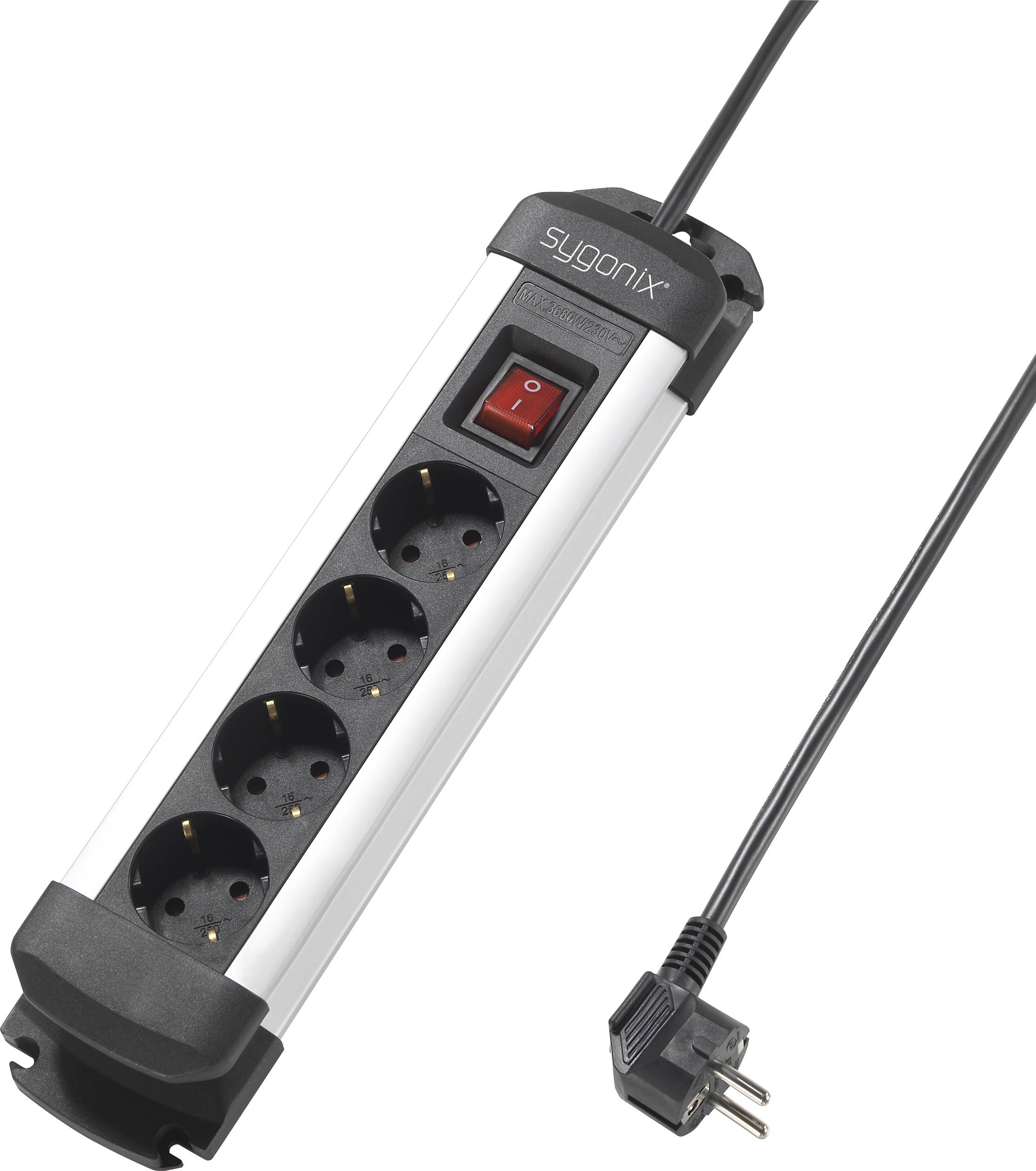 Grenuttag med fyra uttag, på/av-switch och nätkabel med stickkontakt; lämplig för strömfördelning.