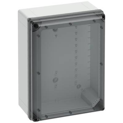 Grå rektangulär plastlåda med transparent lock. Lämplig för elektronik eller kabelhantering.