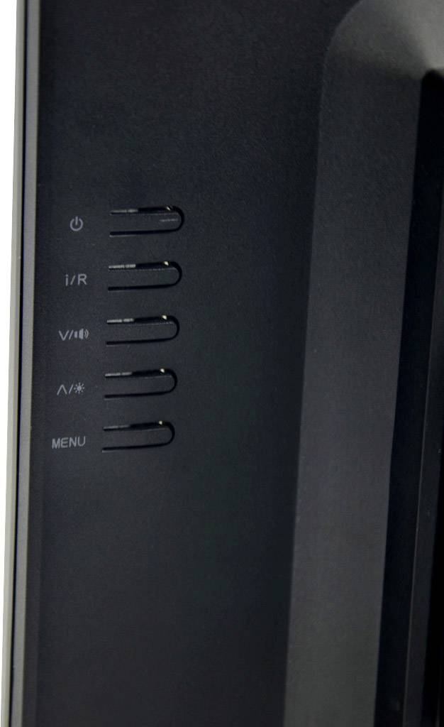 En rad med fem knappar bredvid varandra på sidan av en monitor, märkta med 'Power', 'I/R', 'V/+', 'A/-' och 'Menu'.