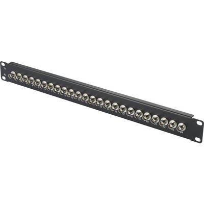 Patchpanel med 24 BNC-anslutningar på rad. Det används för att organisera och koppla samman videokablar i ett nätverk.