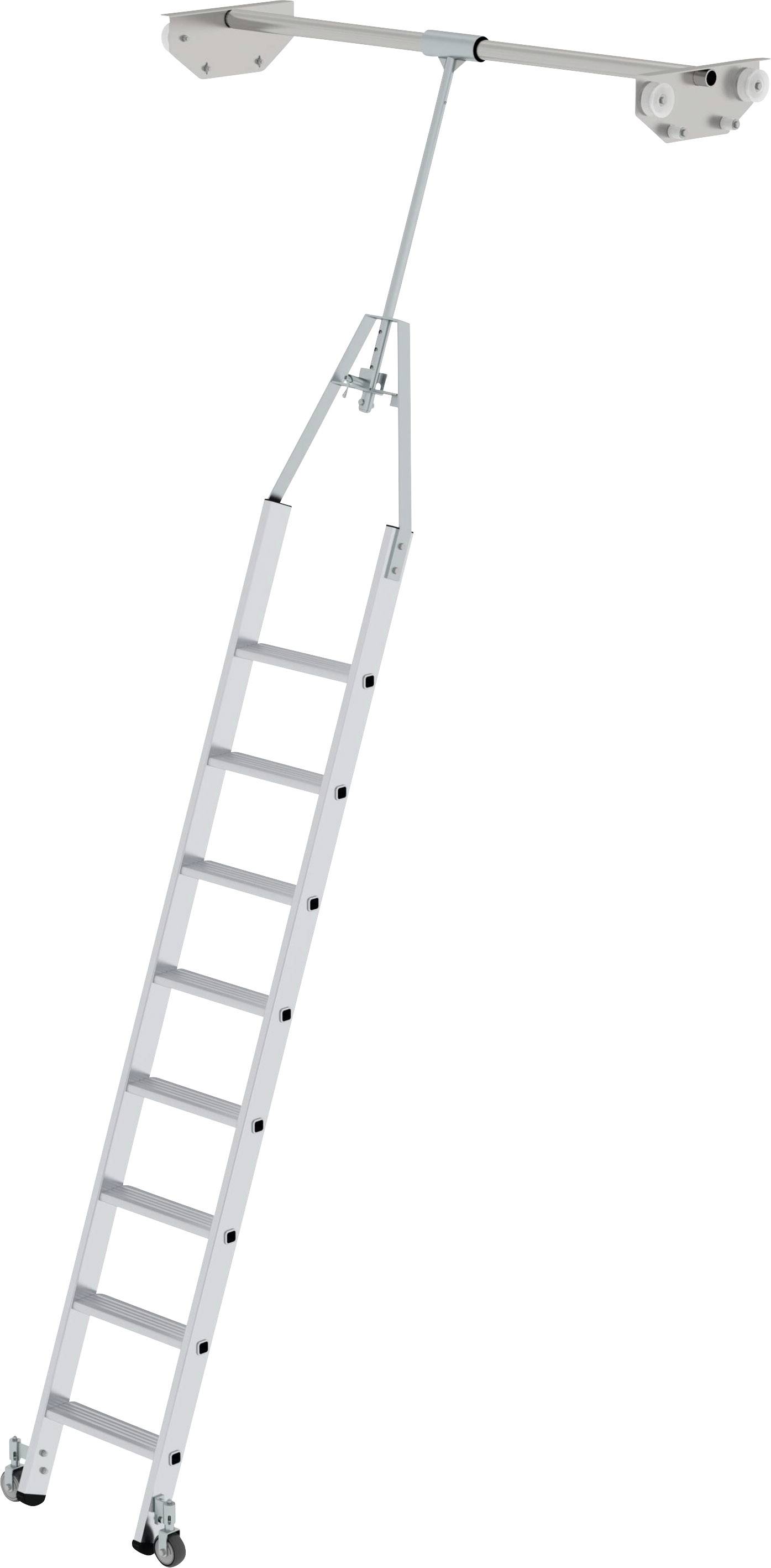 Vit utdragbar stege monterad i ett innertak. Den har åtta steg och är fäst med ett linlåssystem.