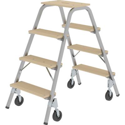 En rörlig trappstege med fem trätrappsteg och metallram, utrustad med hjul för enkel förflyttning. Perfekt för användning i lager eller verkstad.
