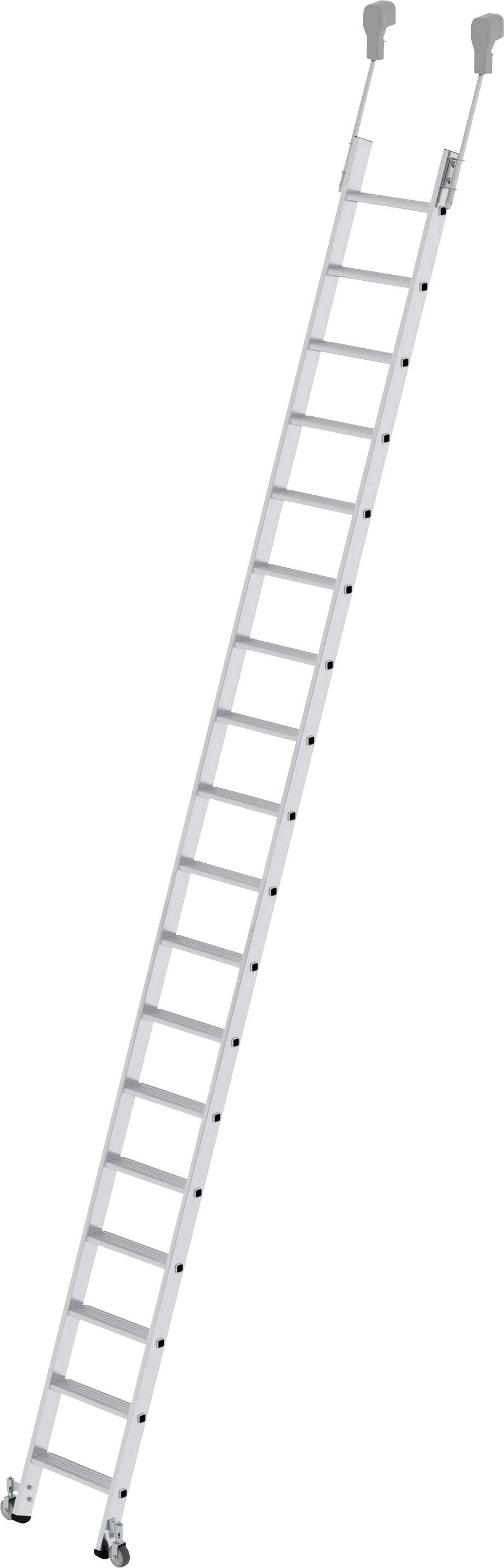 En lång, vit stege med flera pinnar är uppställd i en vinkel, pekar uppåt och har halkfria fötter.