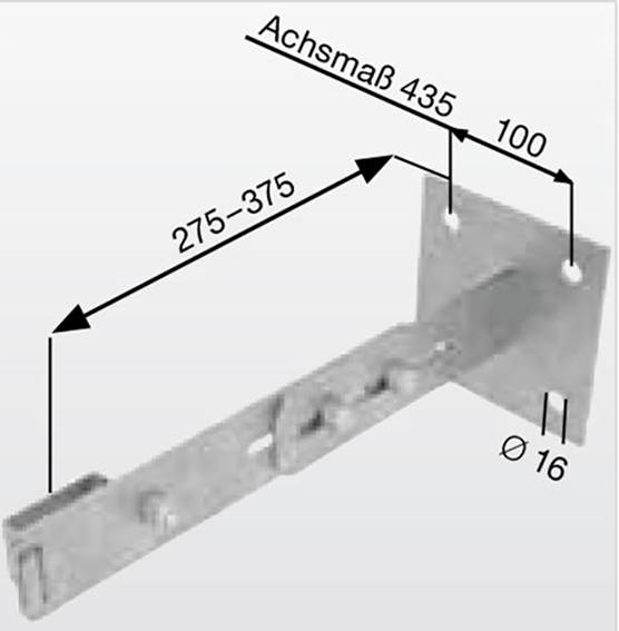 En metallvinkel med måtten 275-375 mm, axelavstånd 435 mm, och hål Ø 16. Bredden på den övre plattan är 100 mm.