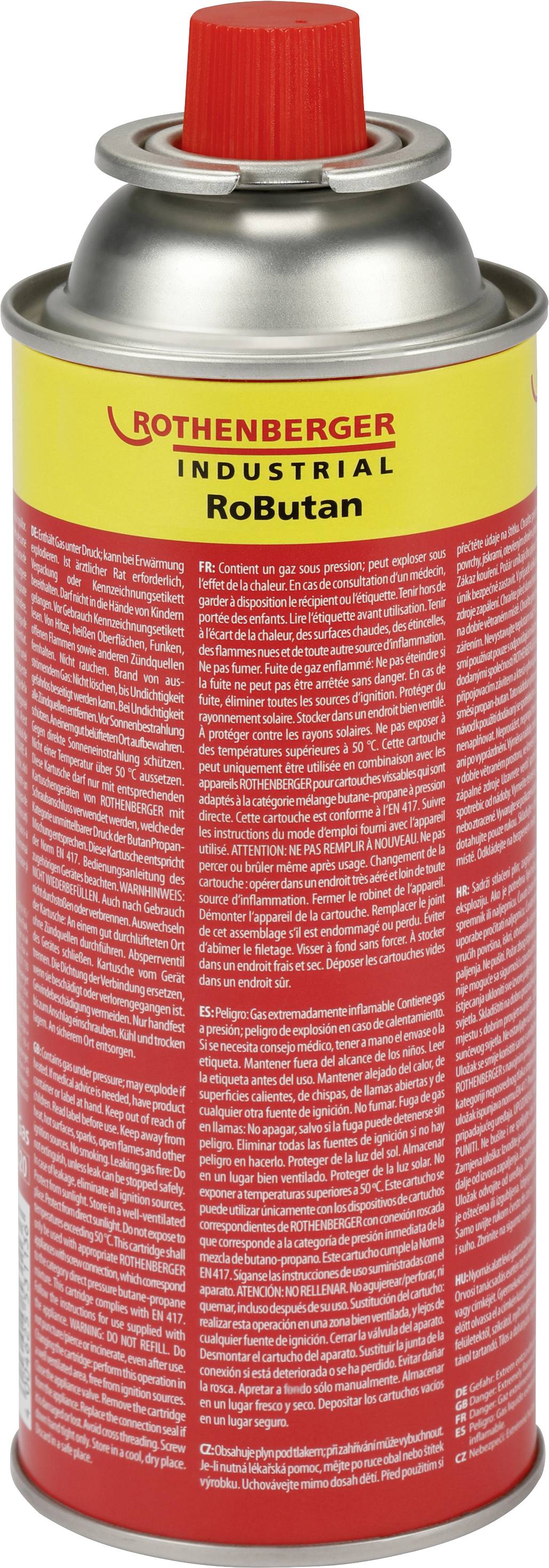 Gasflaska med rött ventil, gul och röd märkning 'Rothenberger Industrial RoButan', avsedd för användning med lödningsverktyg.