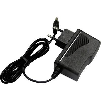 Svart nätadapter med europeisk kontakt och fast anslutet kabel. Lämplig för elektroniska enheter.
